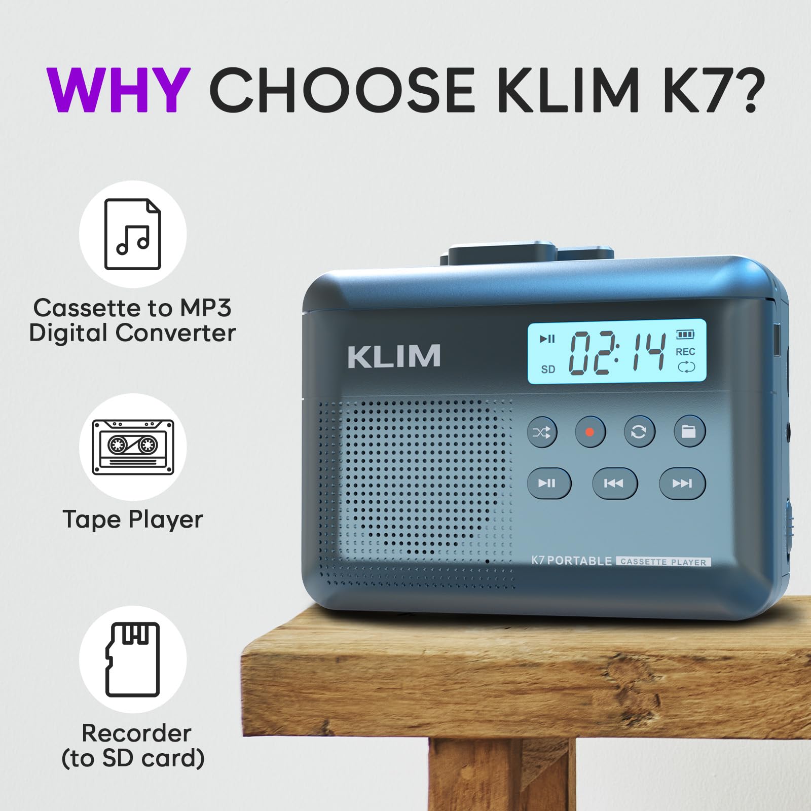 Cassette Player KLIM K7 - Lecteur Cassette Audio - Convertisseur Audio en MP3 - Microphone et Haut-Parleur intégrés - Batterie Rechargeable - Ecouteurs - Carte SD 16GB - Cendre