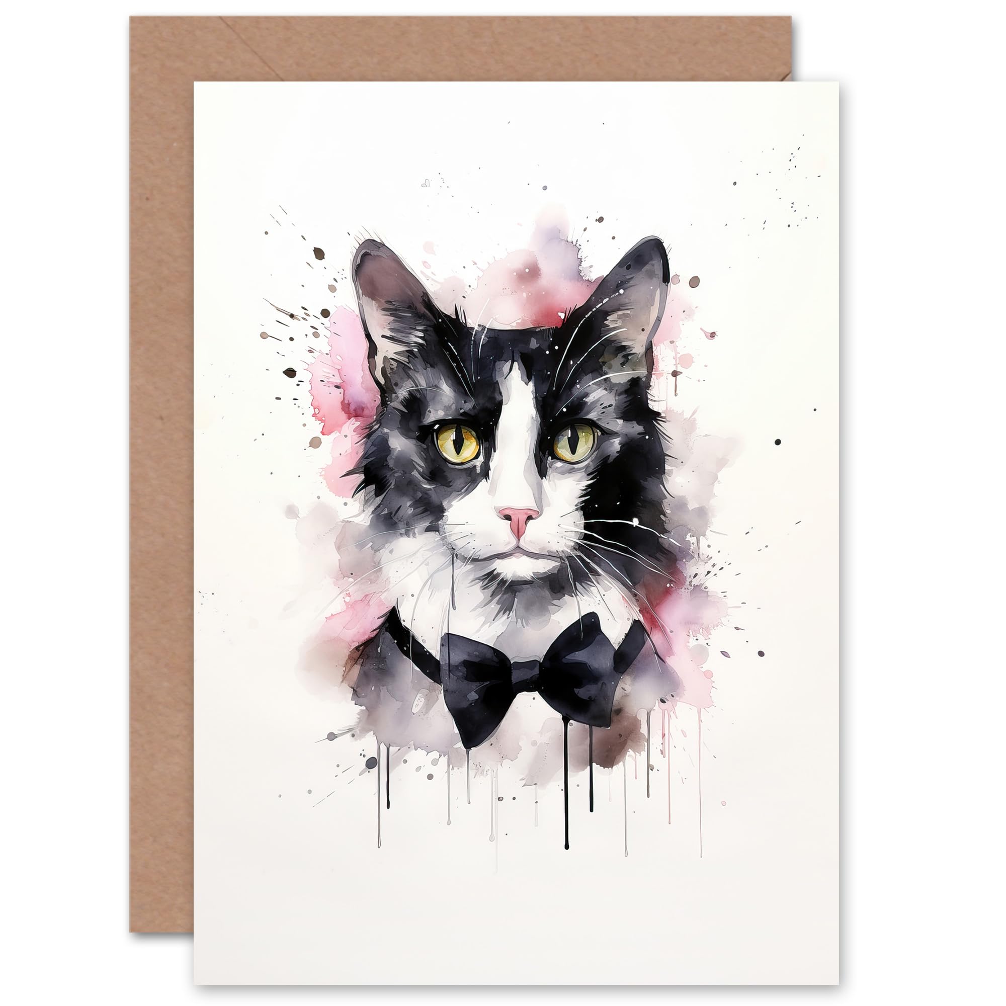 Artery8 Tuxedo Cat Watercolour Pet Portrait Greeting Card