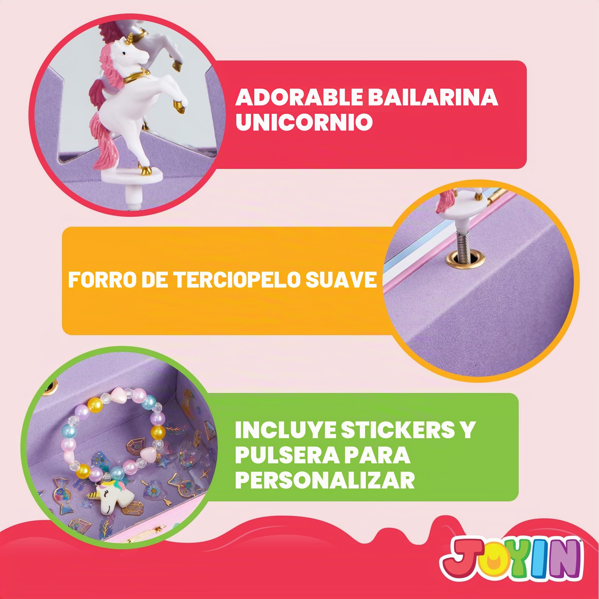 JOYIN Joyero musical de unicornio para niñas con espejo en forma de estrella, pulsera y calcomanías temáticas de unicornio giratorio y unicornio, regalo de cumpleaños