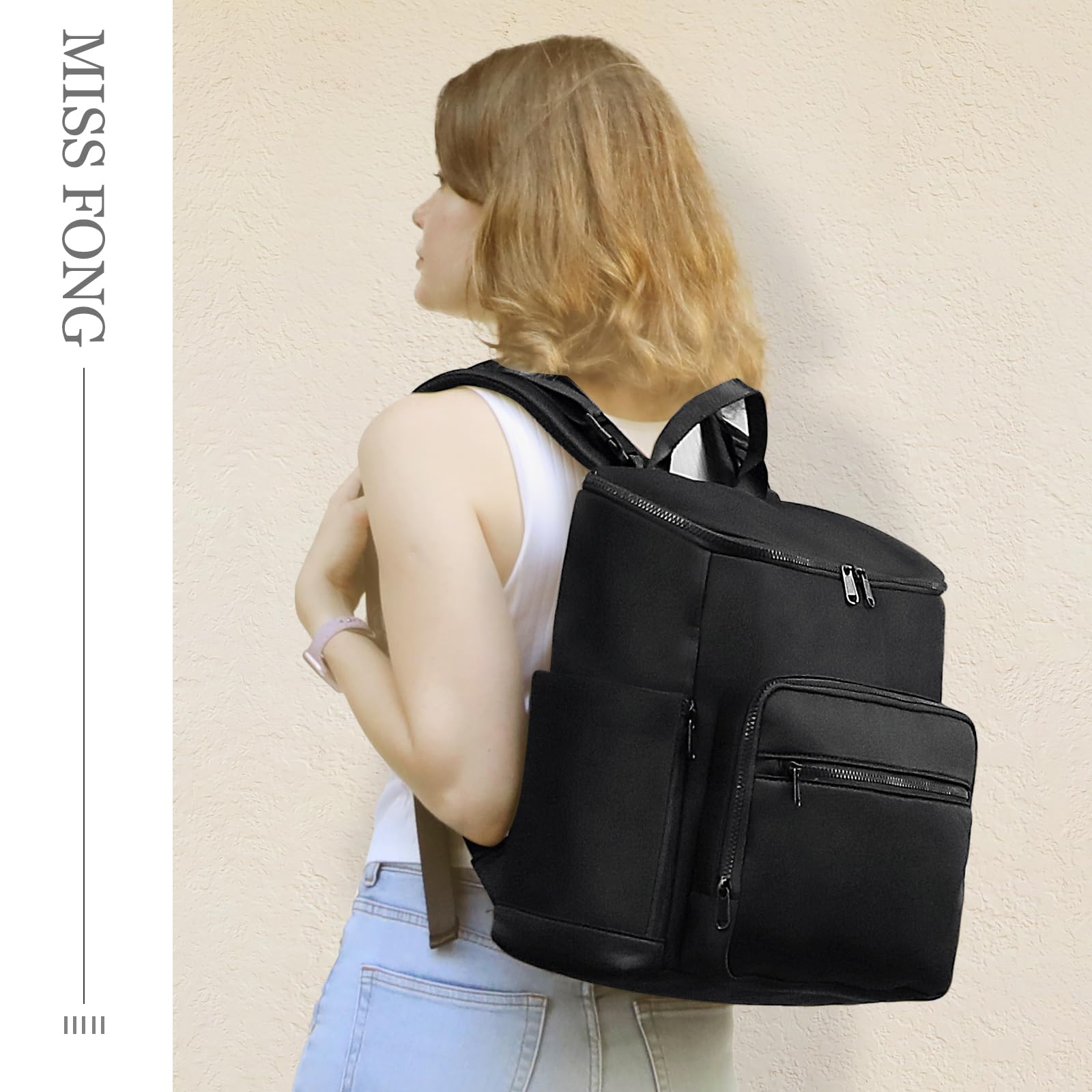 MISS FONG Zaino per pannolini, zaino in neoprene, grande zaino per pannolini con 16 organizer per pannolini, 4 tasche isolate, borsa da viaggio leggera con fasciatoio per mamma e papà