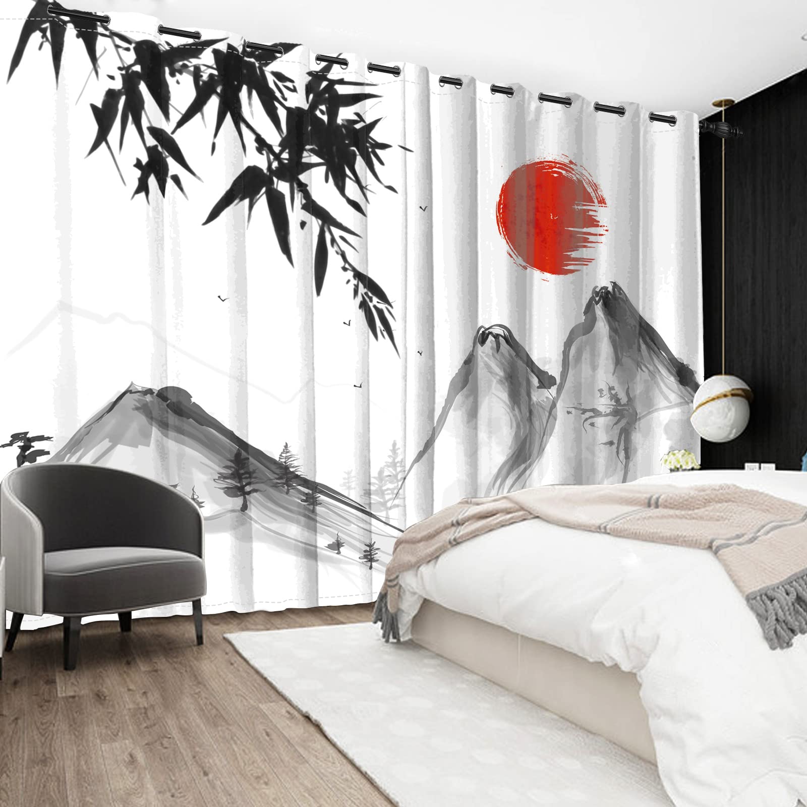 117x229cm Japonais Peinture à l'encre Classique Rideau de fenêtre Bambou Feuilles MT Fuji Rouge Soleil Oriental Traditionnel Rideaux occultants pour Le Salon Chambre à Coucher, 2 Panneaux