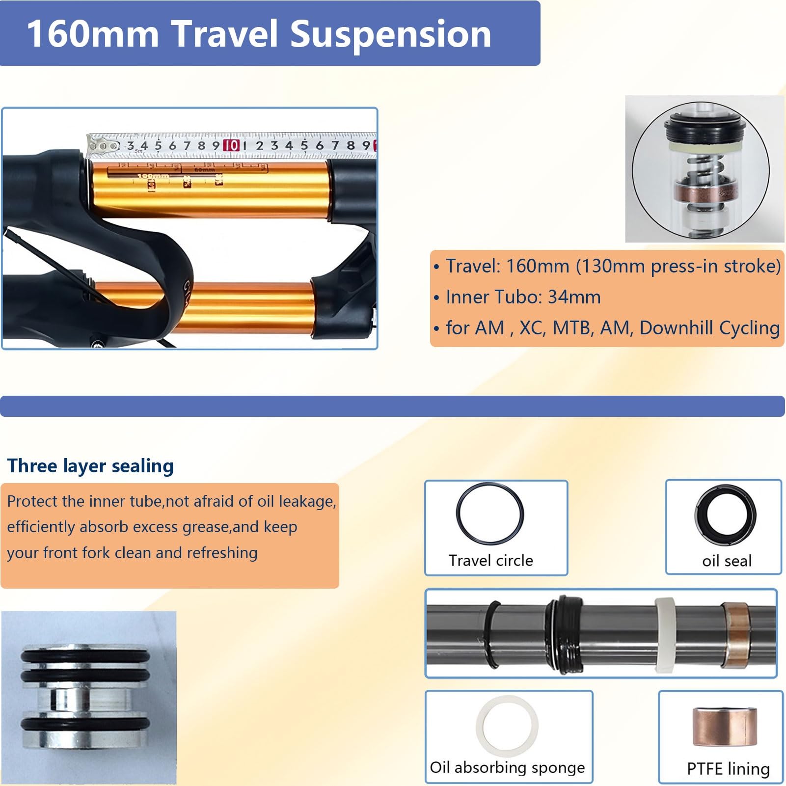 Horquilla de suspensión XQ de 26/27,5/29 Pulgadas, 160 mm de Recorrido, Ajuste de Rebote QR de 9 mm, 1-1/8" de sección Recta/cónica, Delantera para MTB XC.