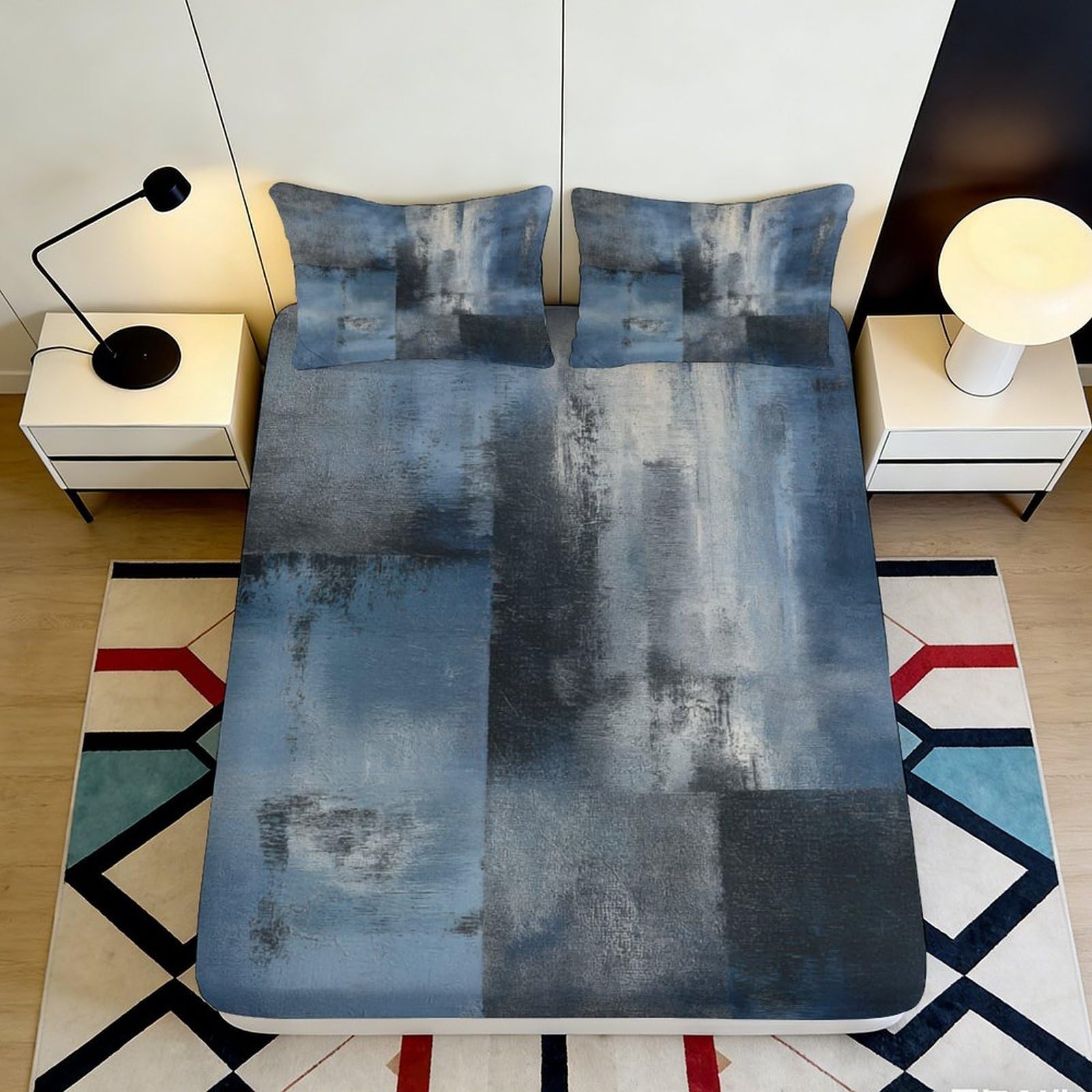 Pnayamiorkfel Style-8 3D Printed Abstract Blue Art Fitted Sheet Microfiber Soft Modern Brush Block Mattress Cover For Bedroom Guest Room Decor 90X200x25cm