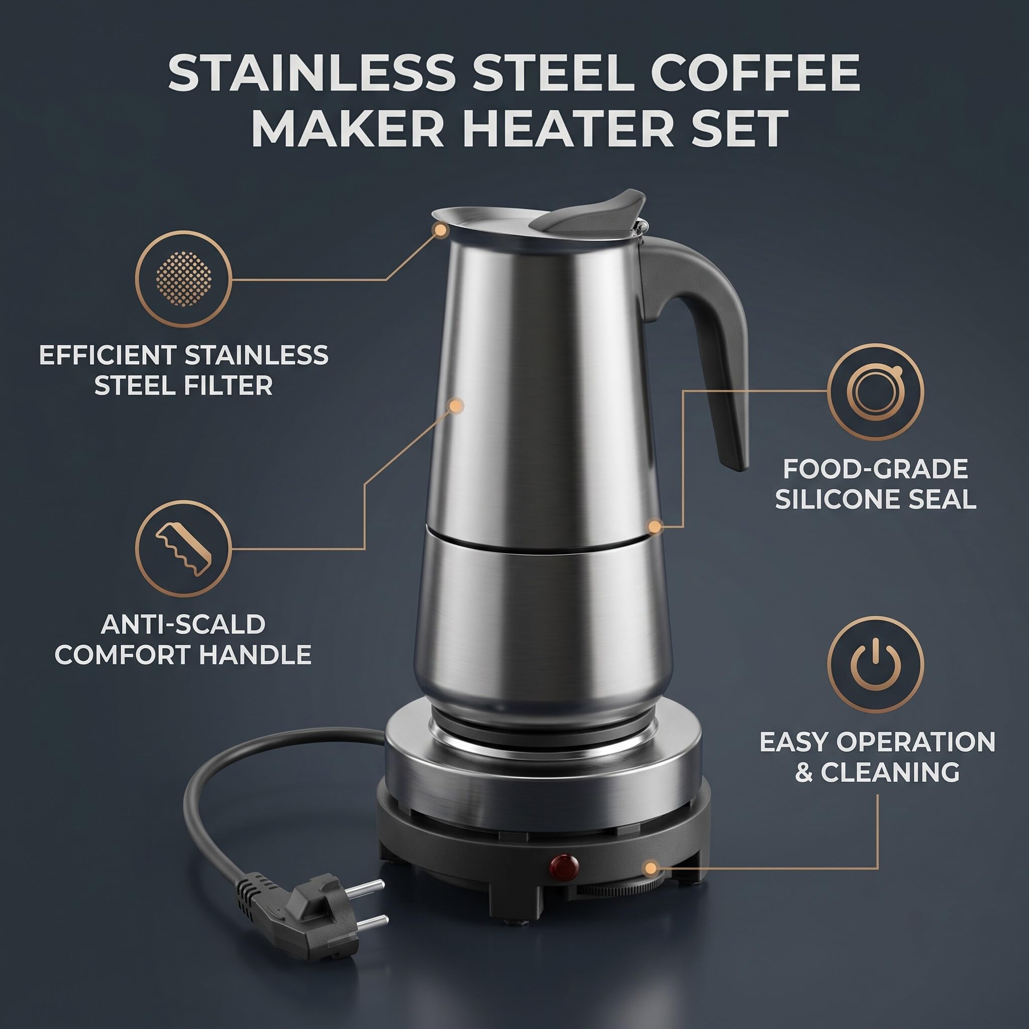 Ymiko Estufa de café eléctrica de acero inoxidable de 450 ml, juego de calentador para hacer tazas de café expreso, enchufe de la UE 220-240 V | Filtro uniforme para extracción rica y sabor óptimo, sello de silicona antifugas, compatible con gas y eléctri