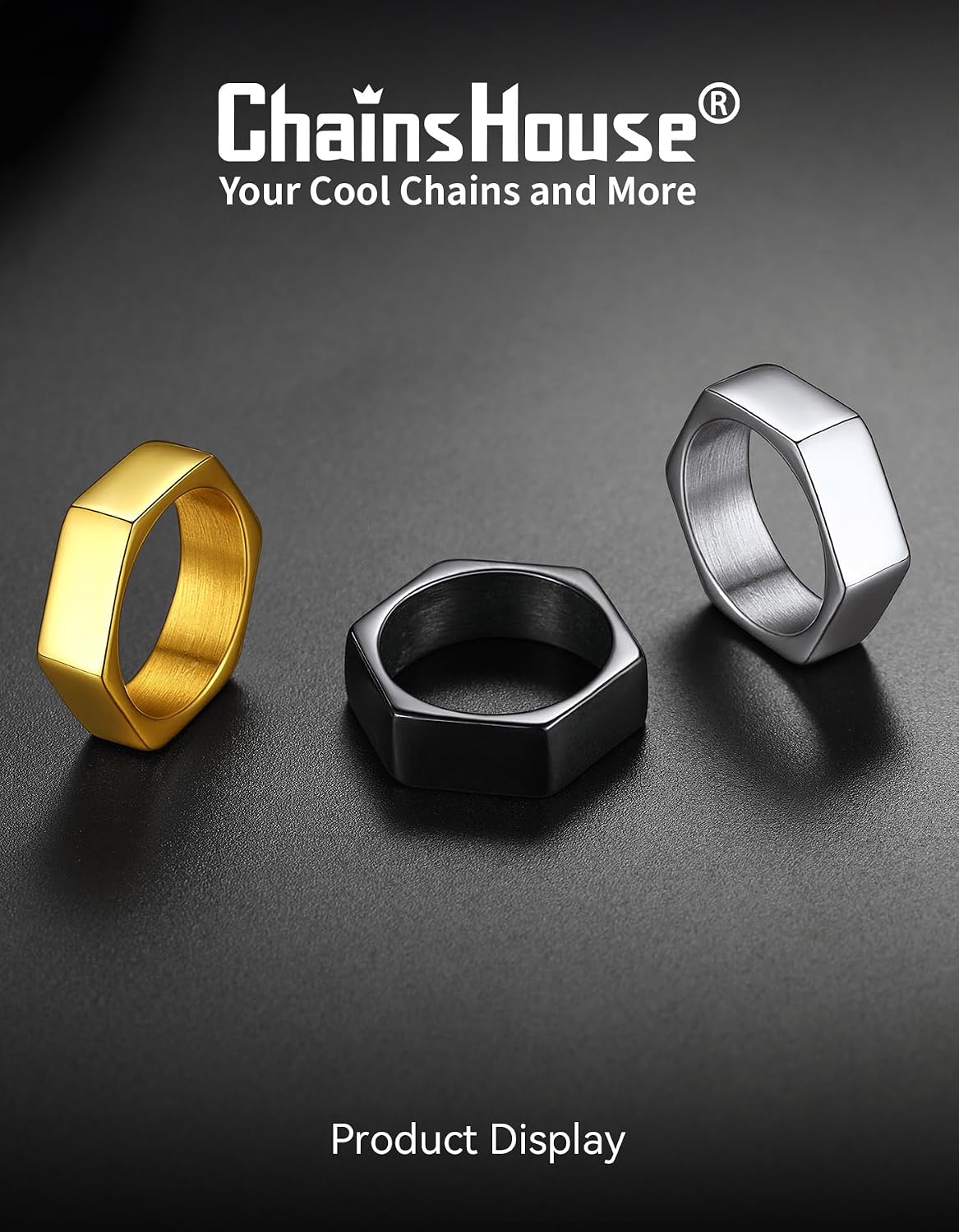 ChainsHouse Stainless Steel Ring for Men Women,Silver/Black/18K Gold Plated Signet/Hexagon Geometric Ring,Size 7-14(with Gift Box)