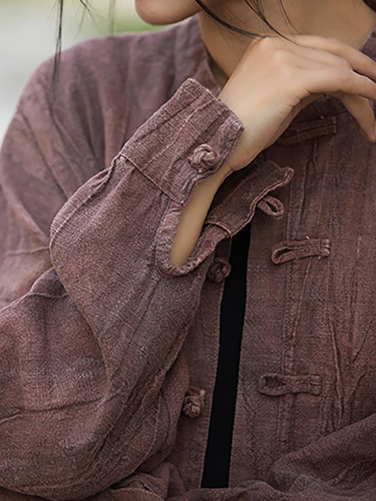 Camicie di lino da donna Camicette Oversize Kimono Vintage Giacche a maniche lunghe Vestibilità ampia Cinese Rana Pulsante Cape Trench Top