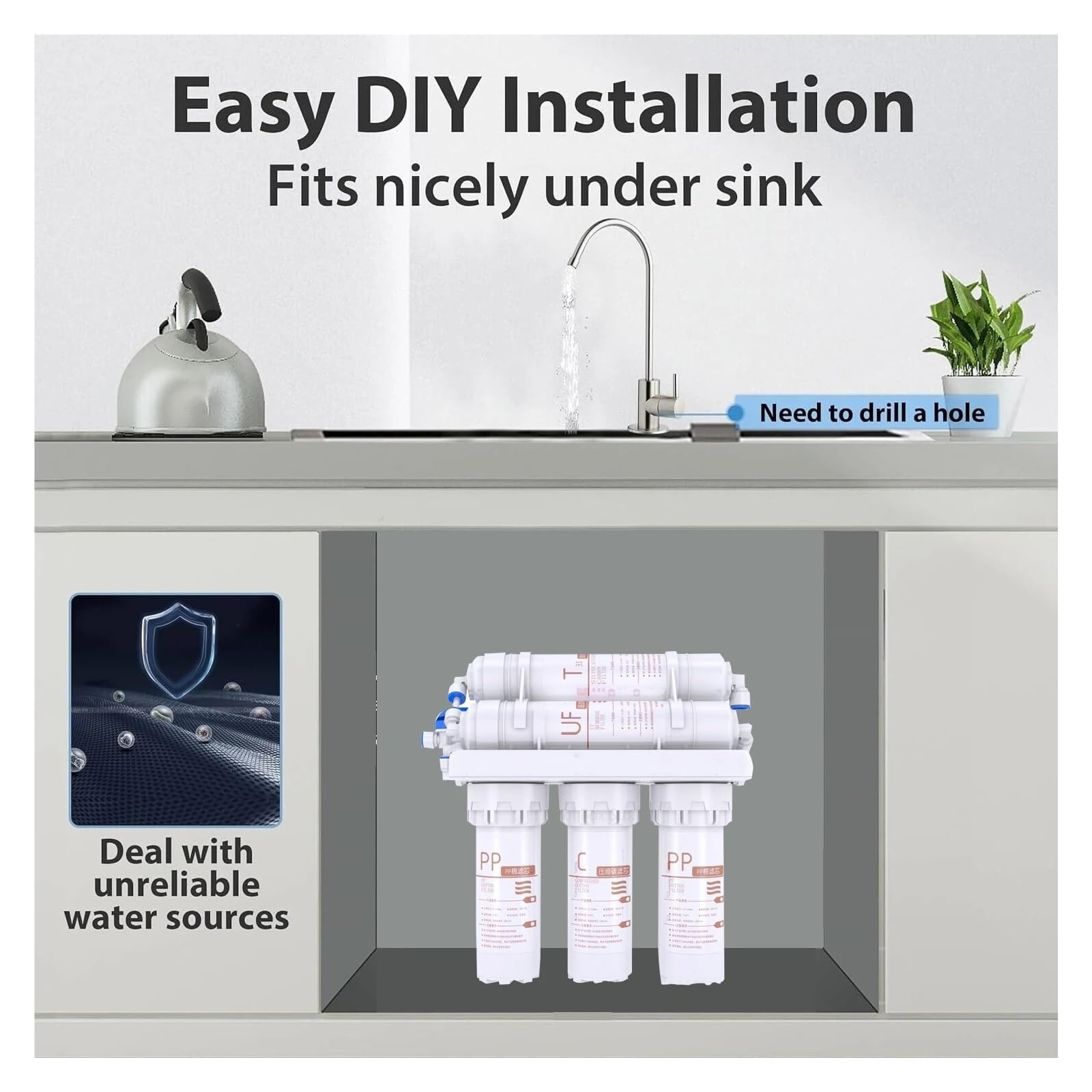 Purificador de Filtro de Agua de 5 etapas, Sistema de Tratamiento de Agua for el hogar con Kit Reemplazo Debajo del Fregadero