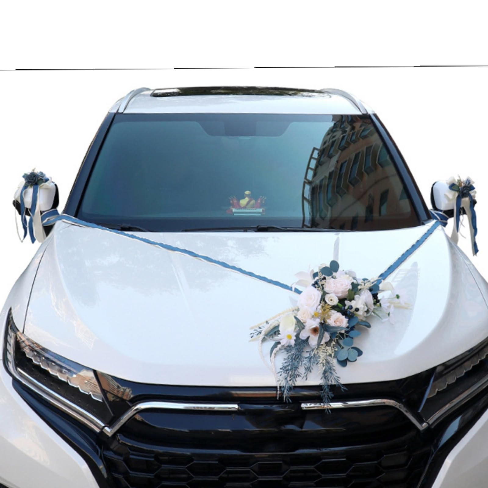 8 Stück Set Hochzeit Autoschmuck, Hochzeit Autoschleifen mit Saugnäpfen, Rückspiegel Türgriff Motorhaube Künstliche Blume für Hochzeit Empfang Zeremonie (Blau)