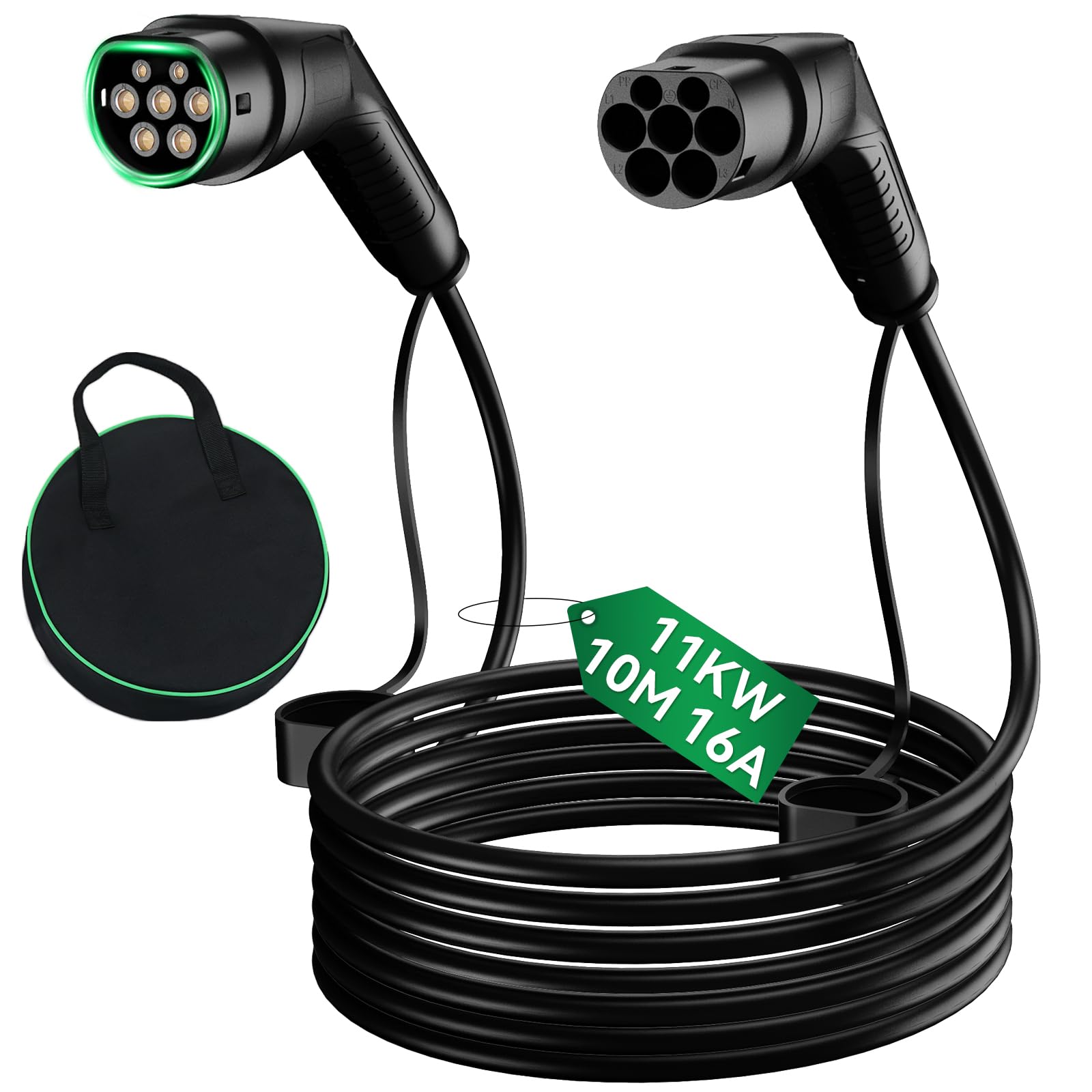 Fullwatt Typ 2 Ladekabel, 11KW 7M 16A 3-Phasig, Ladekabel Elektroauto Typ 2 mit Tragetasche, Kompatibel mit Model S/3/X/Y, für E Auto EV/PHEV, Schwarz