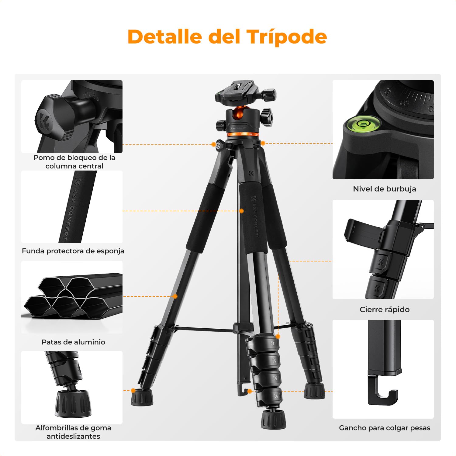 K&F CONCEPT Trípode Ligero Portátil 190cm S255A3+BH-36 Tripode para Movil de Cabeza Esférica para DSLR, Cámara Réflex Digital, Teléfono Móvil, etc., con Clip para Teléfono Móvil
