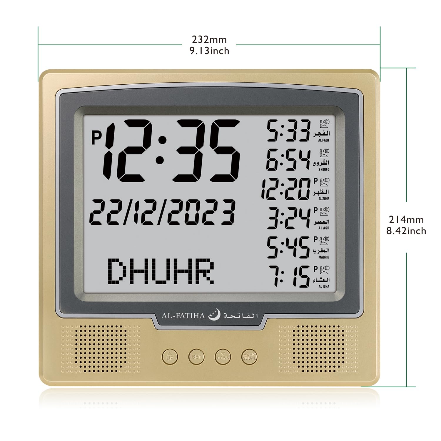 Azan Wecker Tischuhr, automatische weltweite digitale 8 Azan-Gebetsgeräusche, muslimische Gebetsuhr für Heimdekoration, Ramadan-Geschenk (Gold)