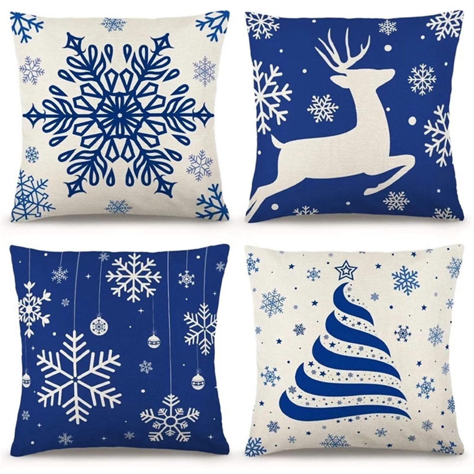 Juego de 4 Impermeable Funda de Cojín Ciervo de Nieve Azul,45x45cm Moderno Suave Transpirables Lino Fundas de Almohada Cojines Decorativos con Cremallera Oculta para Exterior Sofá Cama Coche Hogar