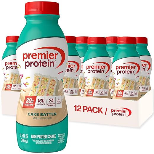 Premier Protein Shake, Cake Batter Delight, 30 g Protein, 1 g Sugar, 24 Vitamins & Minerals, Nutrients to Support Immune Health, Cream, 11.5 Fl Oz, Pack of 12
