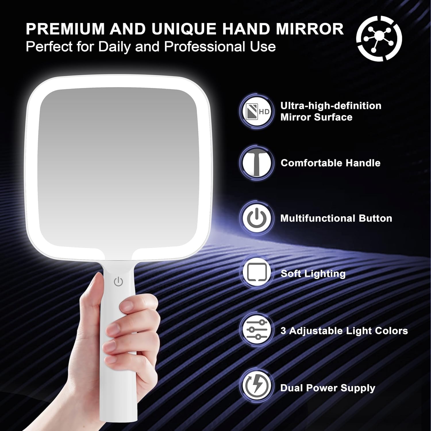 Auxmir Specchio a Mano LED, Specchio Trucco con Luci, 50 LED e 3 Colori di Luci, Luminosità Regaolabile, Controllo Tatile, Specchio Portatile con Maniglia Comoda per Salone, Parrucchiere, Barbiere
