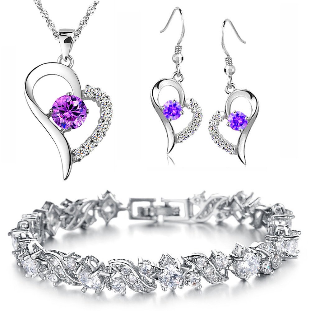 Kim Johanson Damen Schmuckset *Purple Heart* in Silber I Halskette mit Anhänger & Ohrringen aus Edelstahl I Armband rhodiniert I Mit weißen Kristallen besetzt inkl. Schmuckbeutel