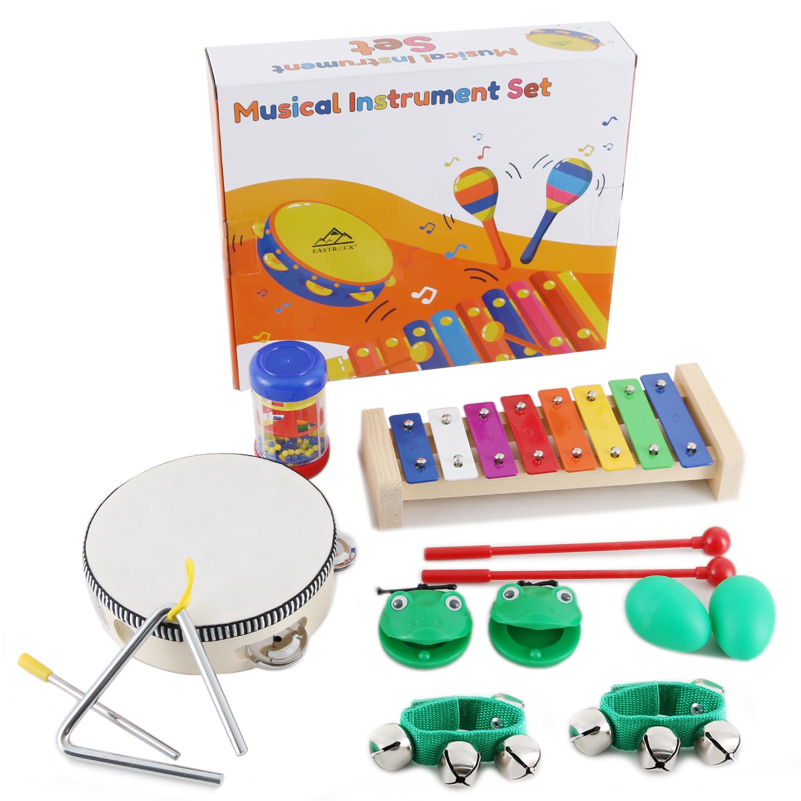 EASTROCK 13 Pcs Musical Instruments Set,Include Tambourine,Xylophone,Triangle Instrument,Egg Shakers,Castanets,Wrist Bells,Rain Column