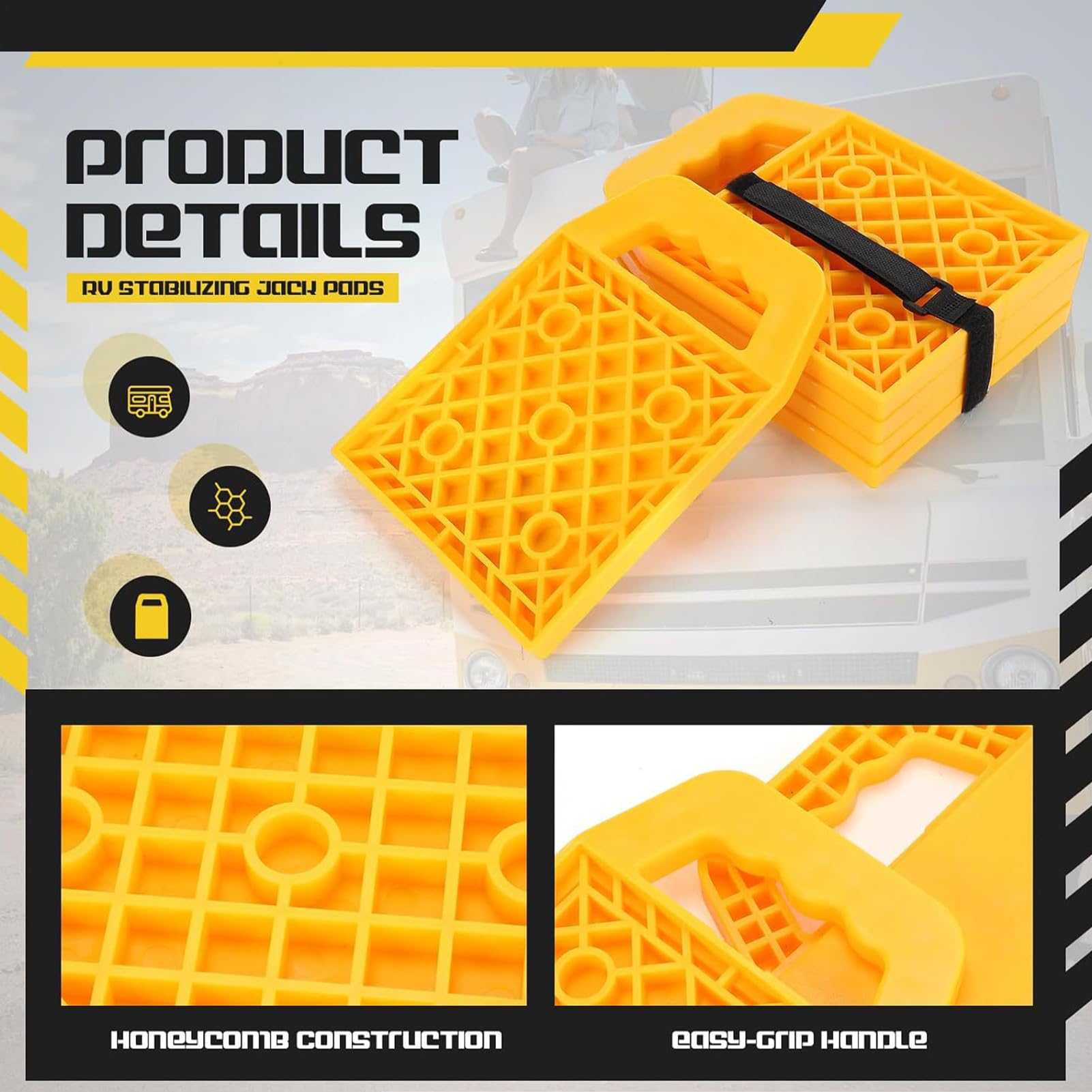Lot de 4 blocs stabilisateurs antidérapants multi-angles pour camping-car, stationnement, voyage, plage, piscine, camping-car, caravane, pique-nique