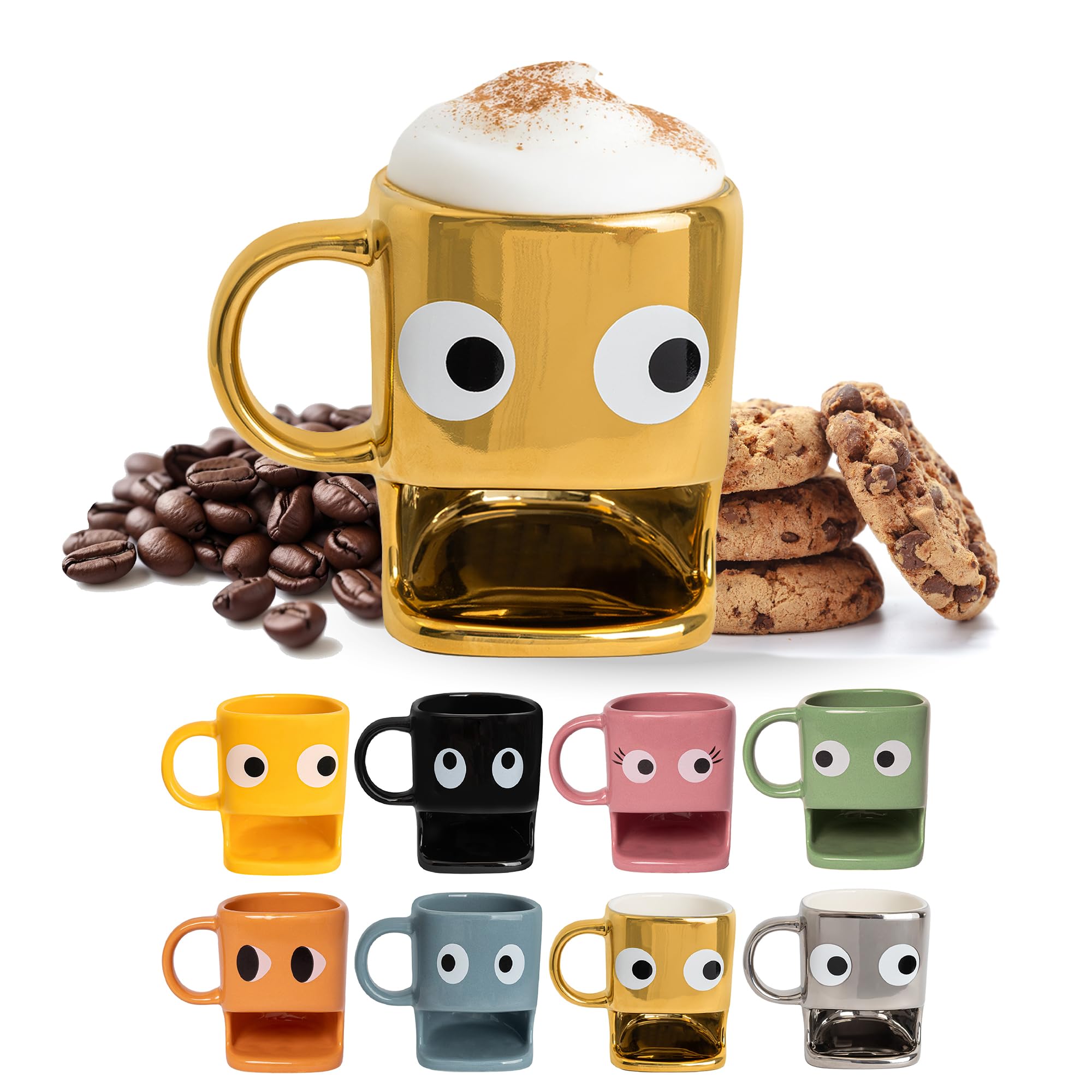 Fisura - Original Coffee Mugs with Biscuit Compartment, Golden Ceramic Tea Mug with Stylish Design, Cappuccino Coffee Caps, Latte, hot Chocolate caps, Capacity 240ml