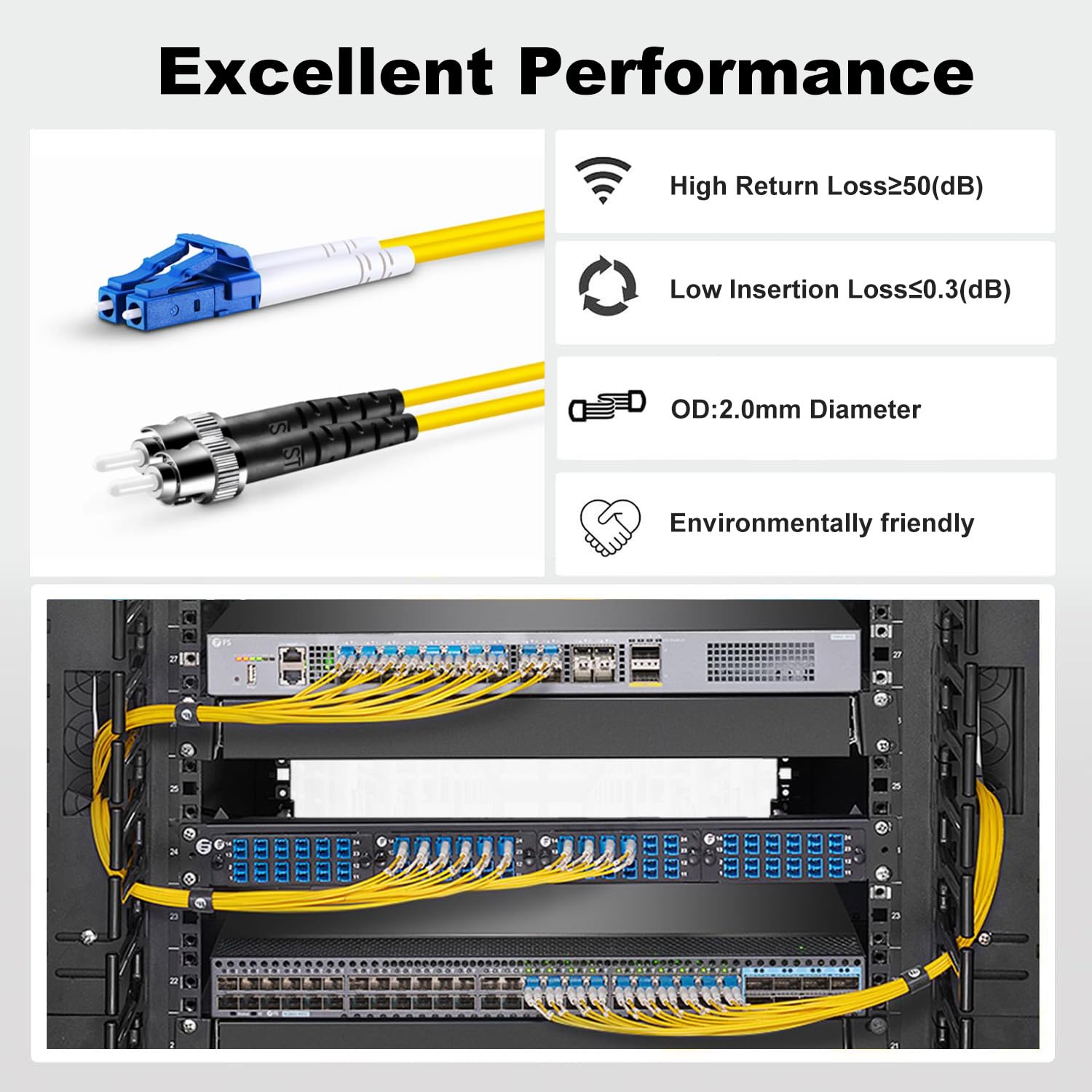 FiberPrime- OS2 LC to ST Single Mode Fiber Patch Cable, Duplex Singlemode 1G/10G, SMF, SM Fiber Optic Cable, 9/125um, LSZH, 20m/66ft, 1Pack
