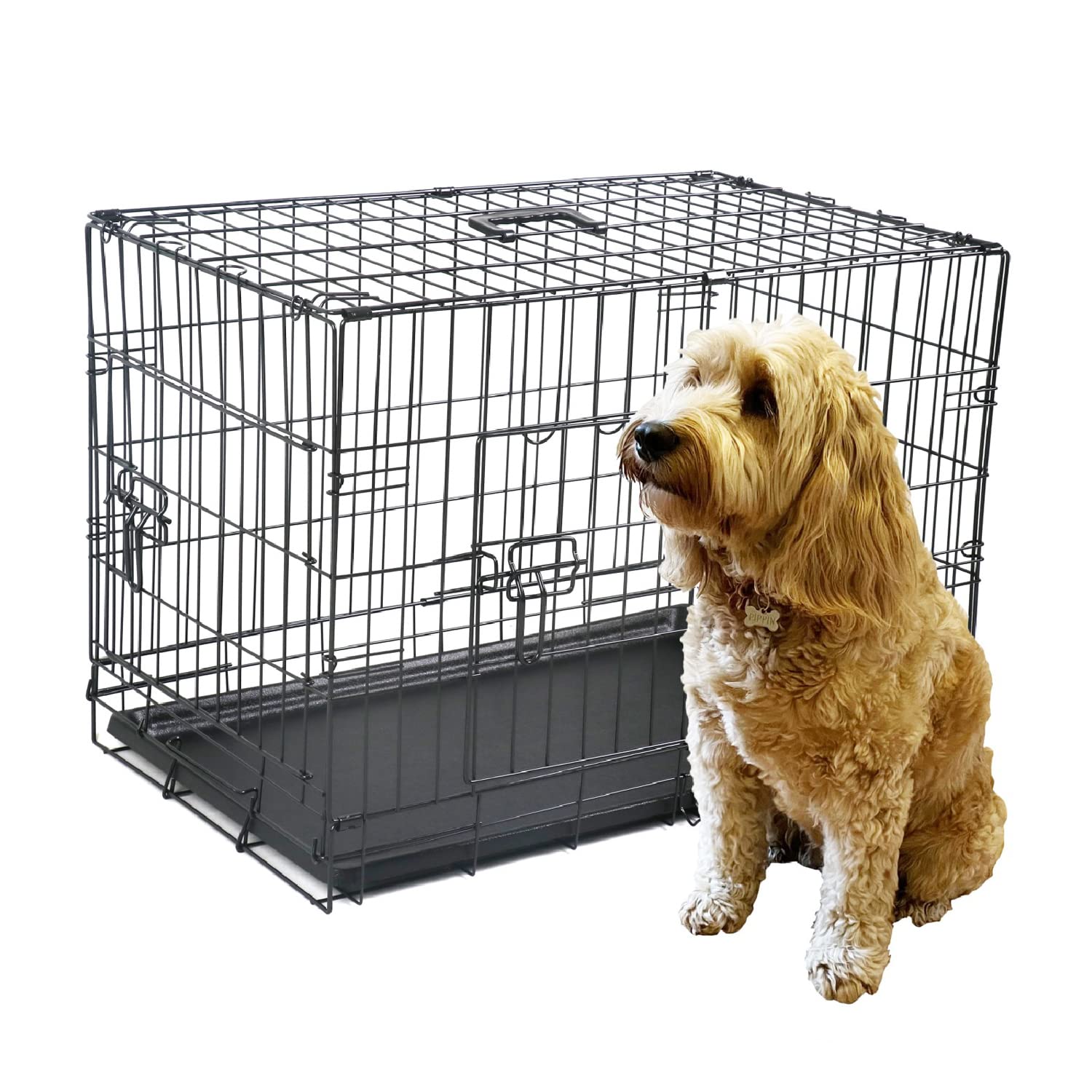 Livingshire Double Door Dog Crate | Metal Wire | Folding Pet Cage | Leak-Proof Pan | (30" Metal Dog Crate - Medium)