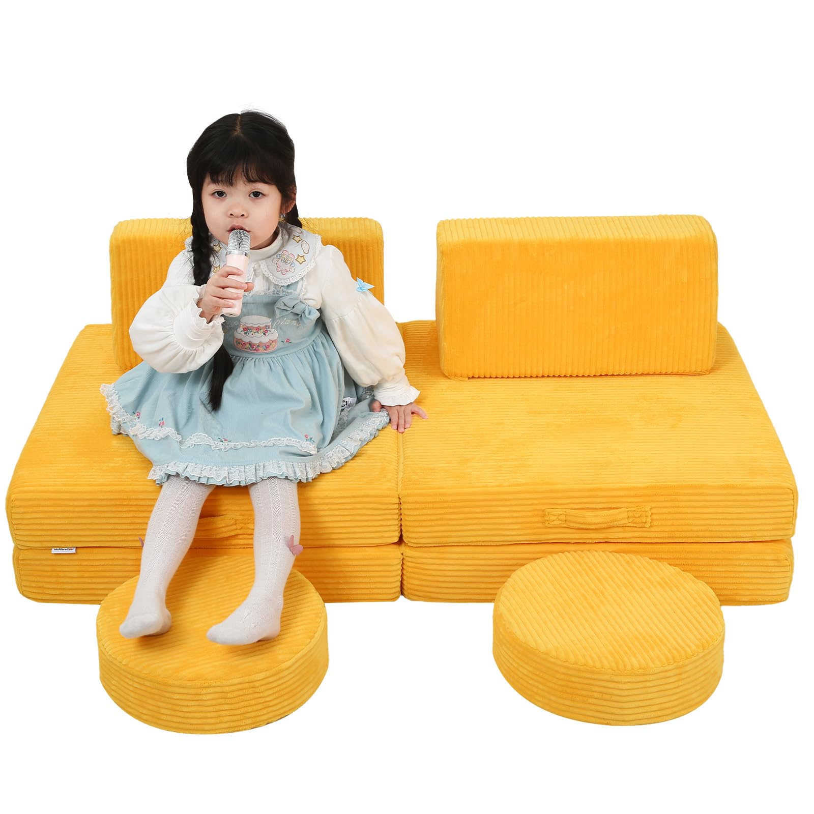 MeMoreCool Sofá de juego para niños, 8 piezas de pana modular para sala de juegos, sofá plegable para bebé, sofá de espuma convertible para niños y niñas, color amarillo