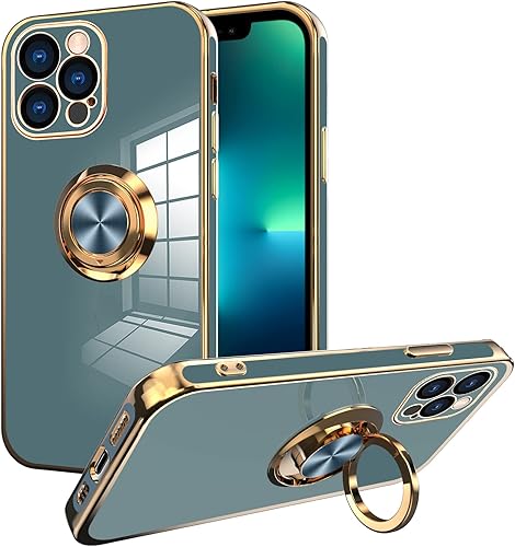 Miniatura 1 de OOK Funda compatible con iPhone 13 con soporte de anillo, protección completa de lente de cámara, borde dorado rosa, 360, soporte de soporte,