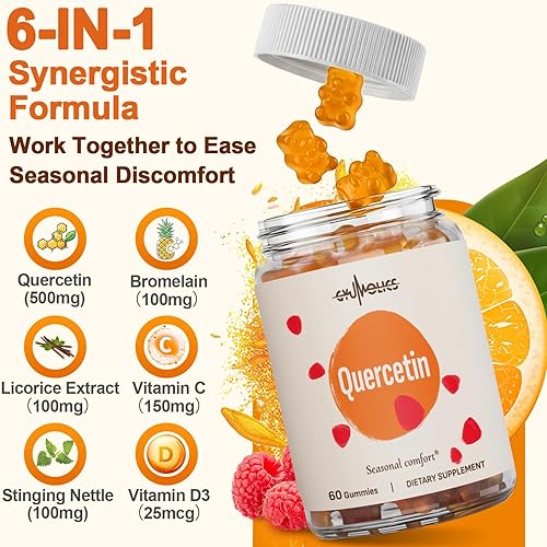 Miniatura 2 de Gomitas de quercetina de 500 mg para niños, con bromelina, vitamina C y D3, ortiga y regaliz, equilibrio estacional y defensas corporales, veganas,