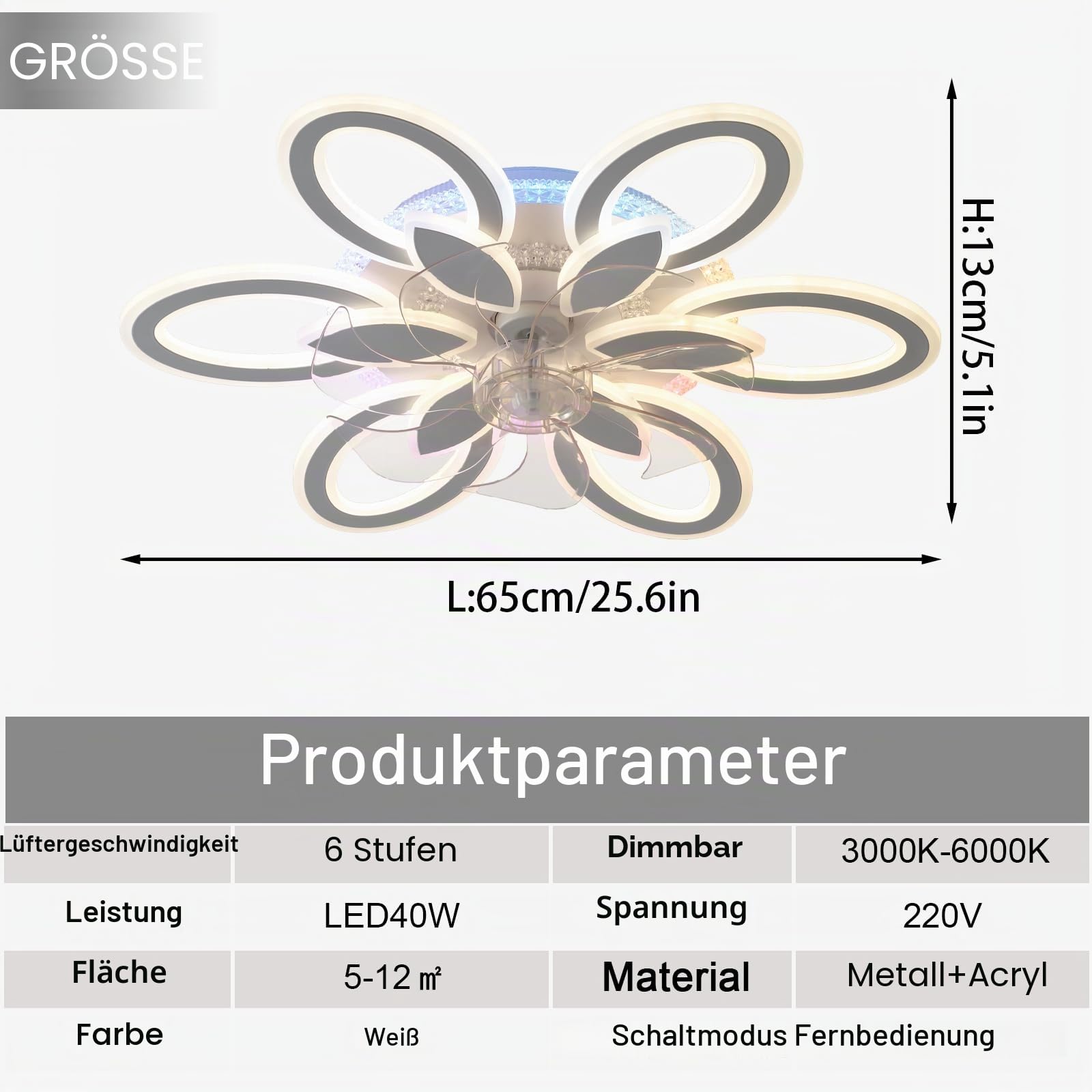 RGB Deckenventilator Mit Beleuchtung 65cm Blume Reversibel Deckenleuchte Mit Ventilator Fernbedienung Leise Dimmbar Smart Deckenventilator Mit Licht 6 Gang Weiß Für Wohnzimmer, Schlafzimmer-White