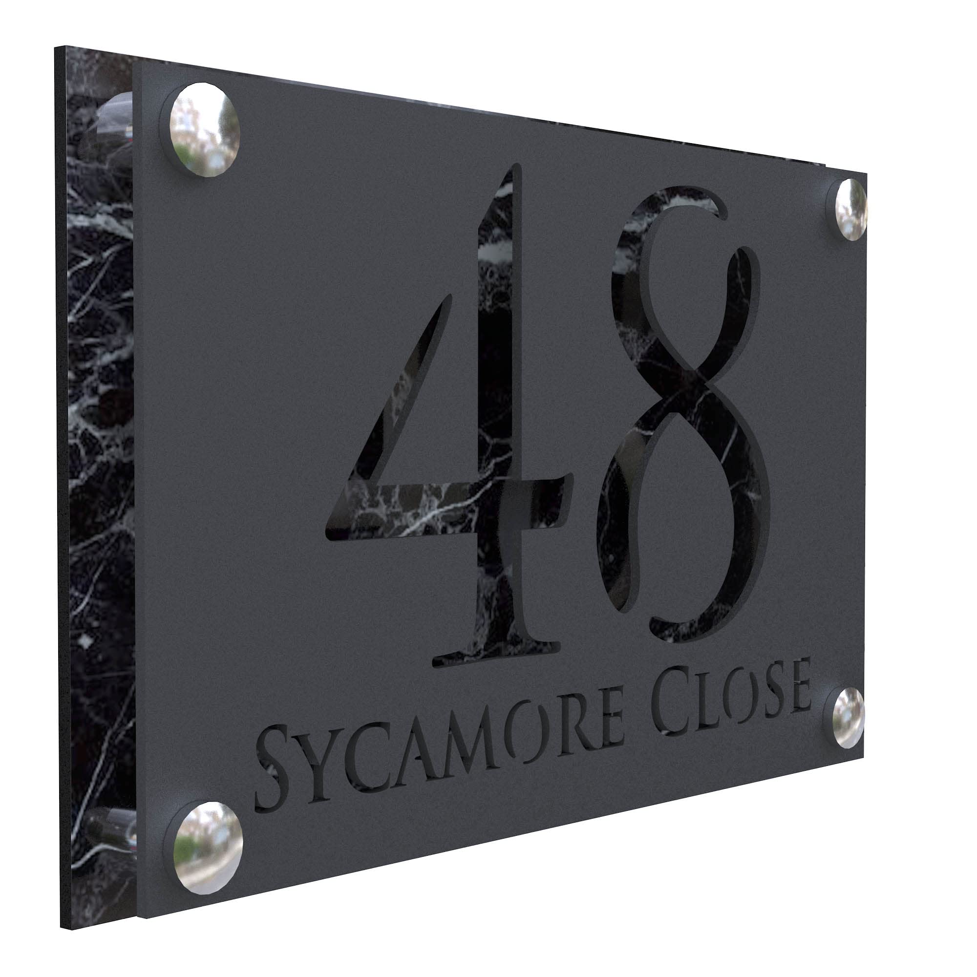 K Smart Sign | Simpatico A4 F32 | Matt Dark Gray Personalised House Signs Door Numbers Street Grey Address Number Plaques | 280mm x 180mm (Matt Dark Gray & Black Marble Effect)