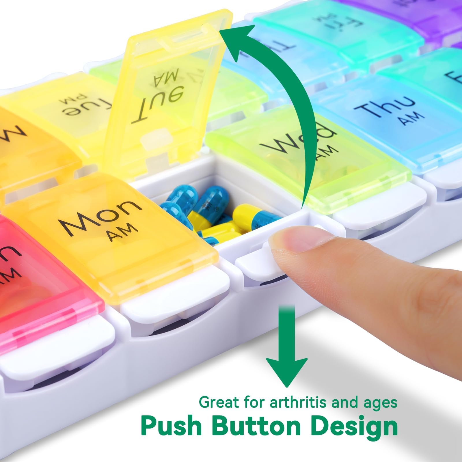 Weekly Pill Organiser 2 Times a Day, Easy Fill Large Pill Box 7 Day, Am Pm Medicine Organiser, Push Button Daily Pill Case for Vitamin, Fish Oil, Supplements