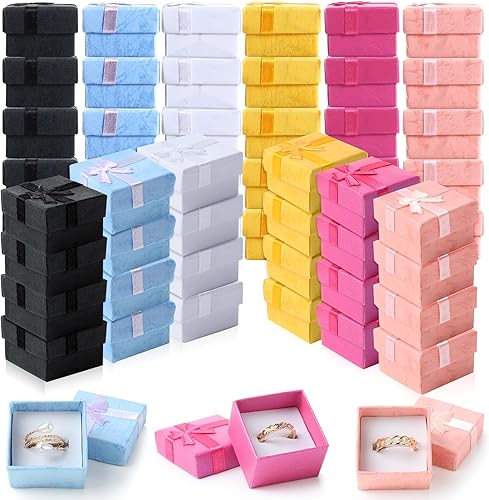 Yinkin Juego de 120 cajas de regalo de anillo de cartón con lazo cuadrado de colores surtidos, caja de regalo pequeña dura para aretes, caja de