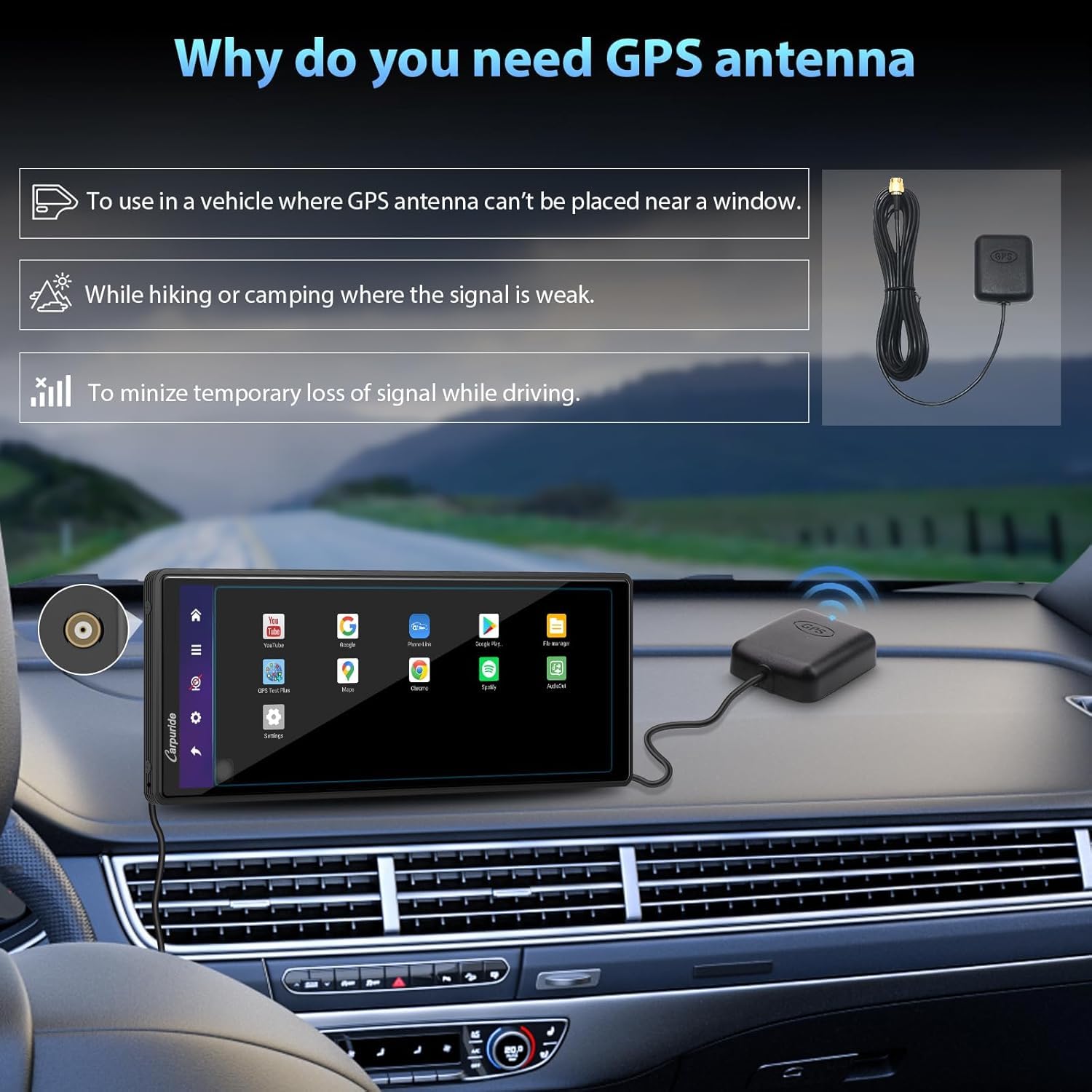 CARPURIDE Wireless CarPlay i Android Auto 4+64 GB, GPS Online i Offline, G00GLE Play, Mirror Link, Bluetooth, Antena GPS, Kamera Cofania, Pełny Ekran 10,26", Powierzchnia Wyświetlania 9,3"
