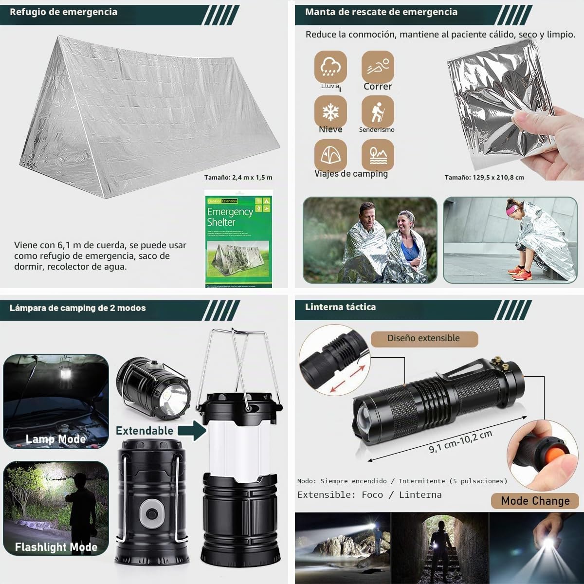 Kit de supervivencia, 262 piezas de equipo de supervivencia y suministros con bolsa de primeros auxilios y bolsa cruzada, kit de emergencia con tienda de campaña, martillo de hacha de camping, pala de