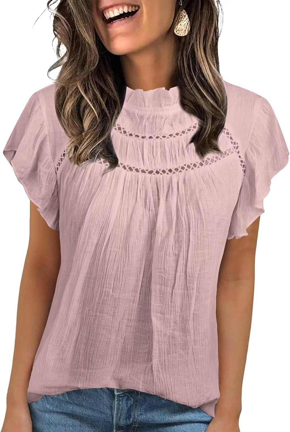 Blouses for Women Summer Tops 2025 Trendy Ruffle Sleeves Mock Neck T Shirts Pleated Front Loose Fit Work Blouse