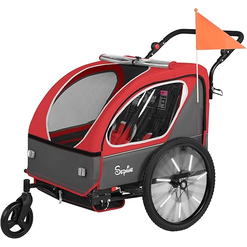 Sepnine Kids Bike Trailer, 2 in1 Canopy Carrier Converts to Pushcart Suitable for 1 to 2 Toddlers, Kids, Quick Attach to Bike, Foldable, with 5-Point Harness and Storage Bags