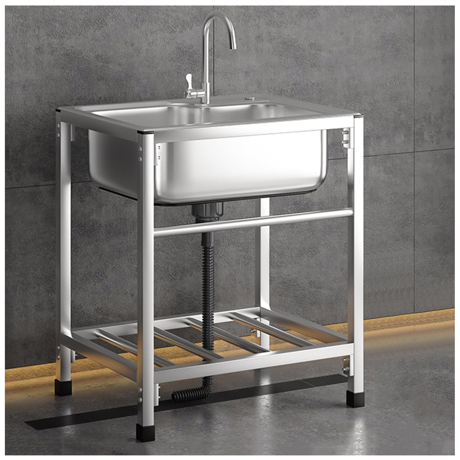 TAXXII Outdoor Sink, Single Bowl Hand Wash Stainless Steel Utility Sink with Storage Shelves, Free Standing Commercial Restaurant Set, for Laundry Backyard Garage (Color : Cold, Size 43