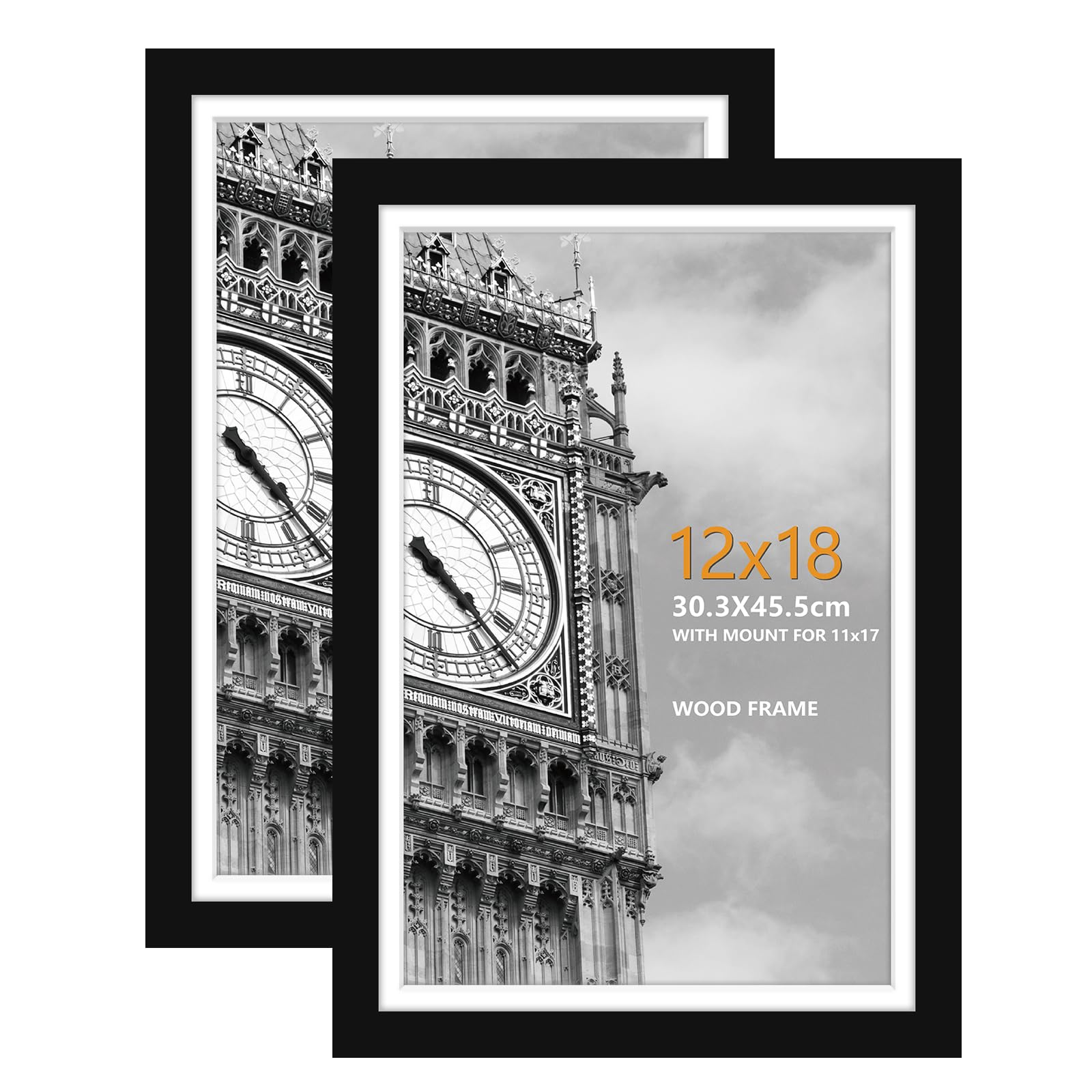 18 x 12 inch Picture Frame, 100% Solid Wood Black Photo Frames with Plexiglass Front for Wall Mounting, Set of 2 30 x 45cm Poster Frame with Mat for 17 x 11 inch Picture, Printing, Artwork