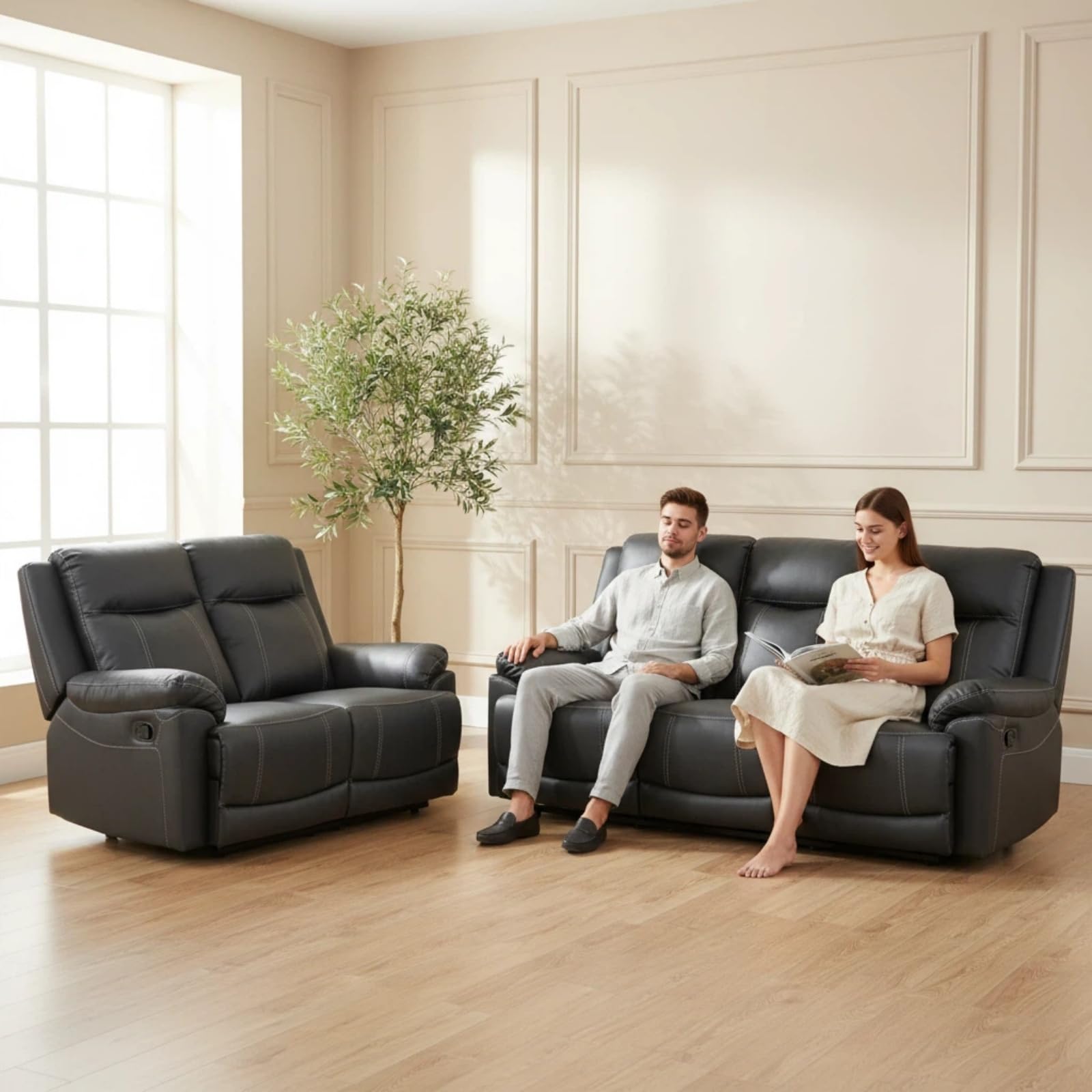 Trygoal Manual Recliner Sofa Set, Leather Reclining Living Room Furniture Set, Adjustable Backrest Reclining Loveseat Sofa and a 3 Seater Couch