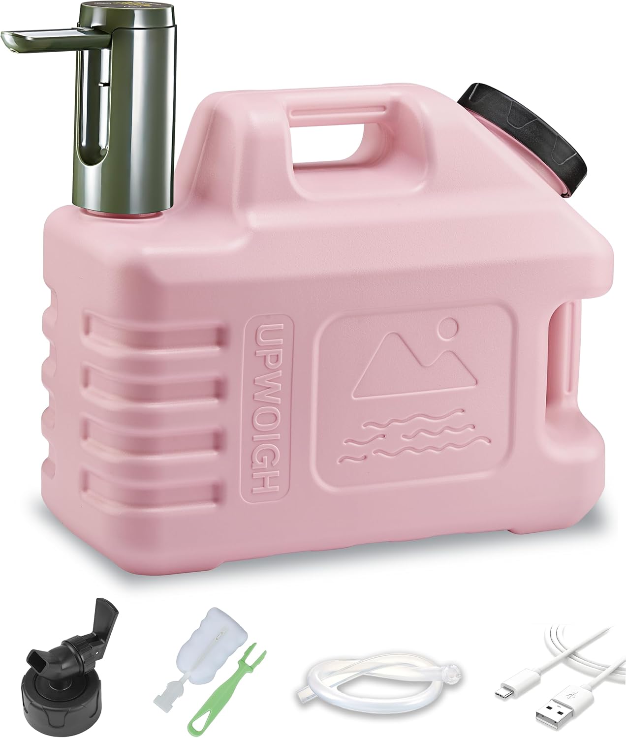 UPWOIGH 3.5 Gallon Portable Water Jug in Coral Pink with Screw-Lock Leakproof Touch Pump, Nature-Inspired Carved Container with Spigot, Type-C Rechargeable Outdoor Water Tank for Camping Hiking