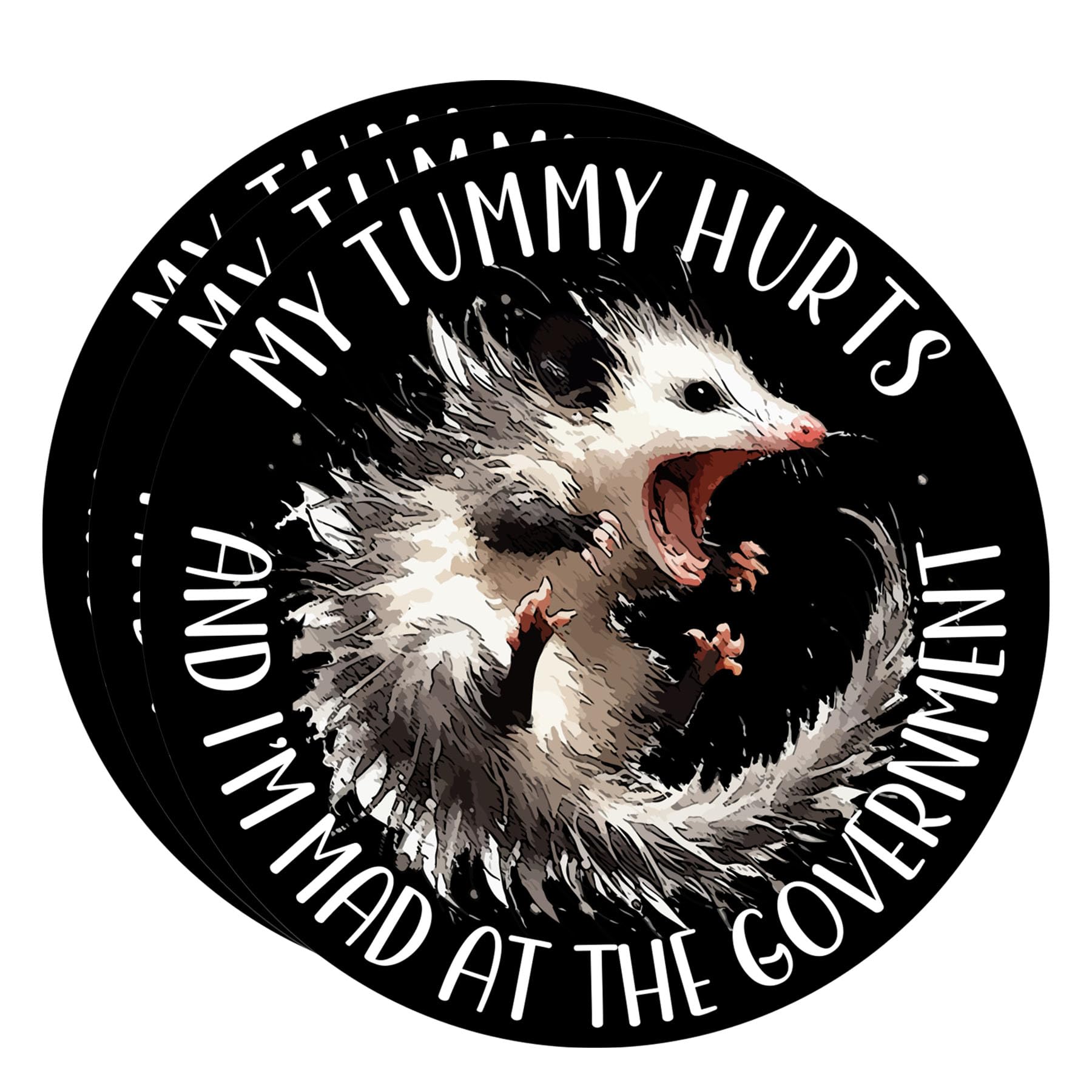Set 3PCS - Mad at The Government My Tummy Hurts Sticker Funny Possum Opposum Waterproof Vinyl Decal for Water Bottles Tumbler Laptop Hard Hat Car,