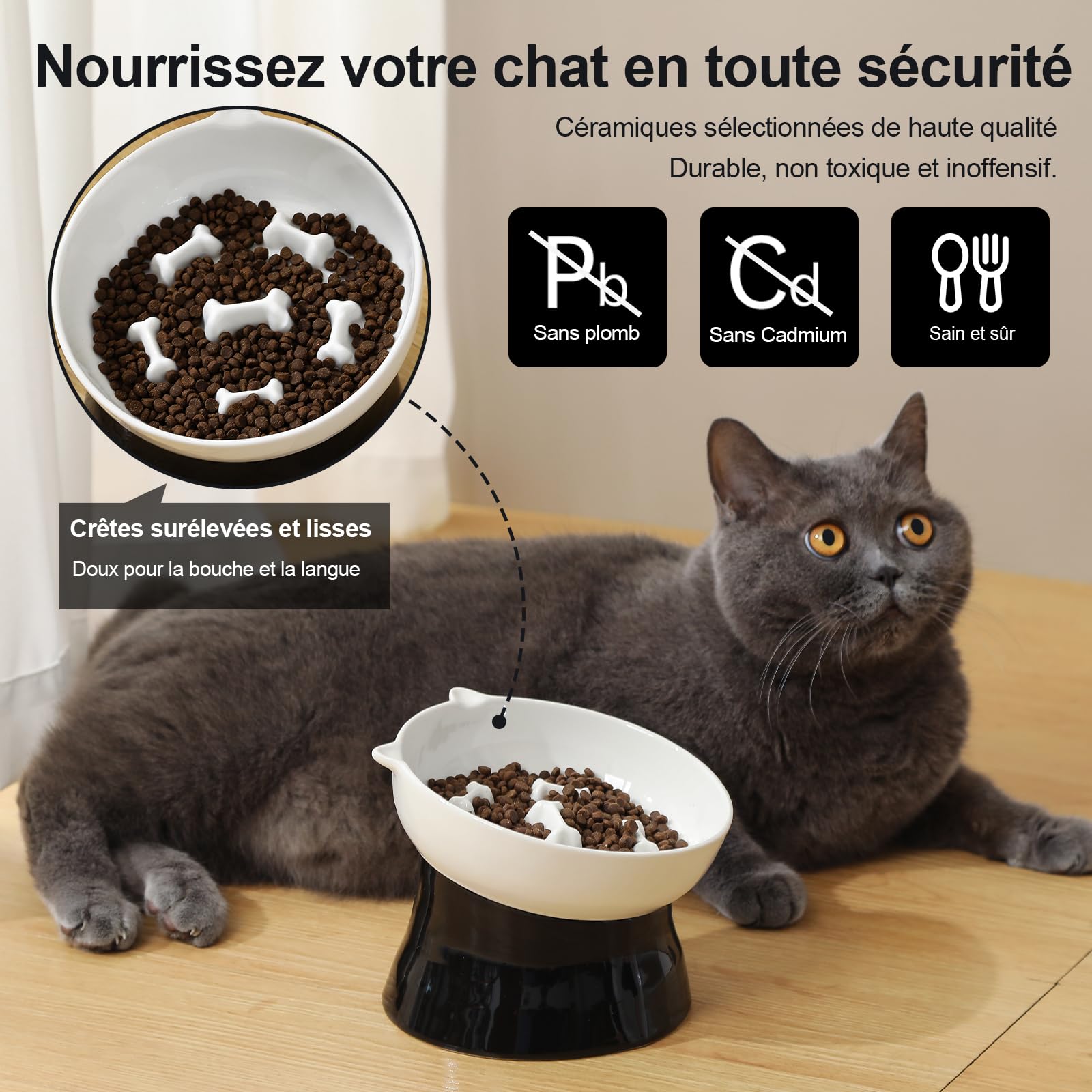 Gamelle Anti-glouton surélevée pour Chat en céramique - Bol Labyrinthe incliné pour Alimentation Lente et Anti-vomissement - Noir et Blanc