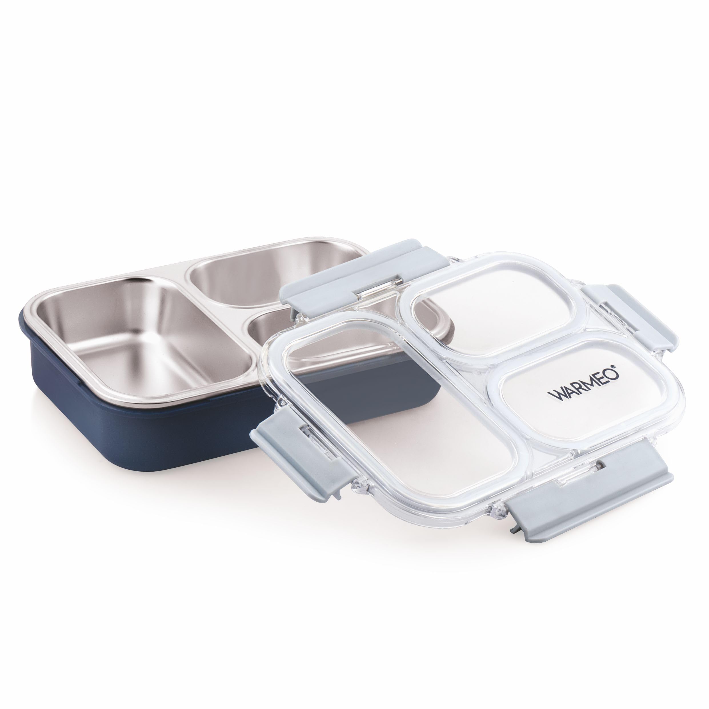 WARMEO BENTO Microwave-Safe Stainless Steel Lunchbox with 3 compartments,bpa Free,Perfect for Office, School, Travelling, 750ml-Blue