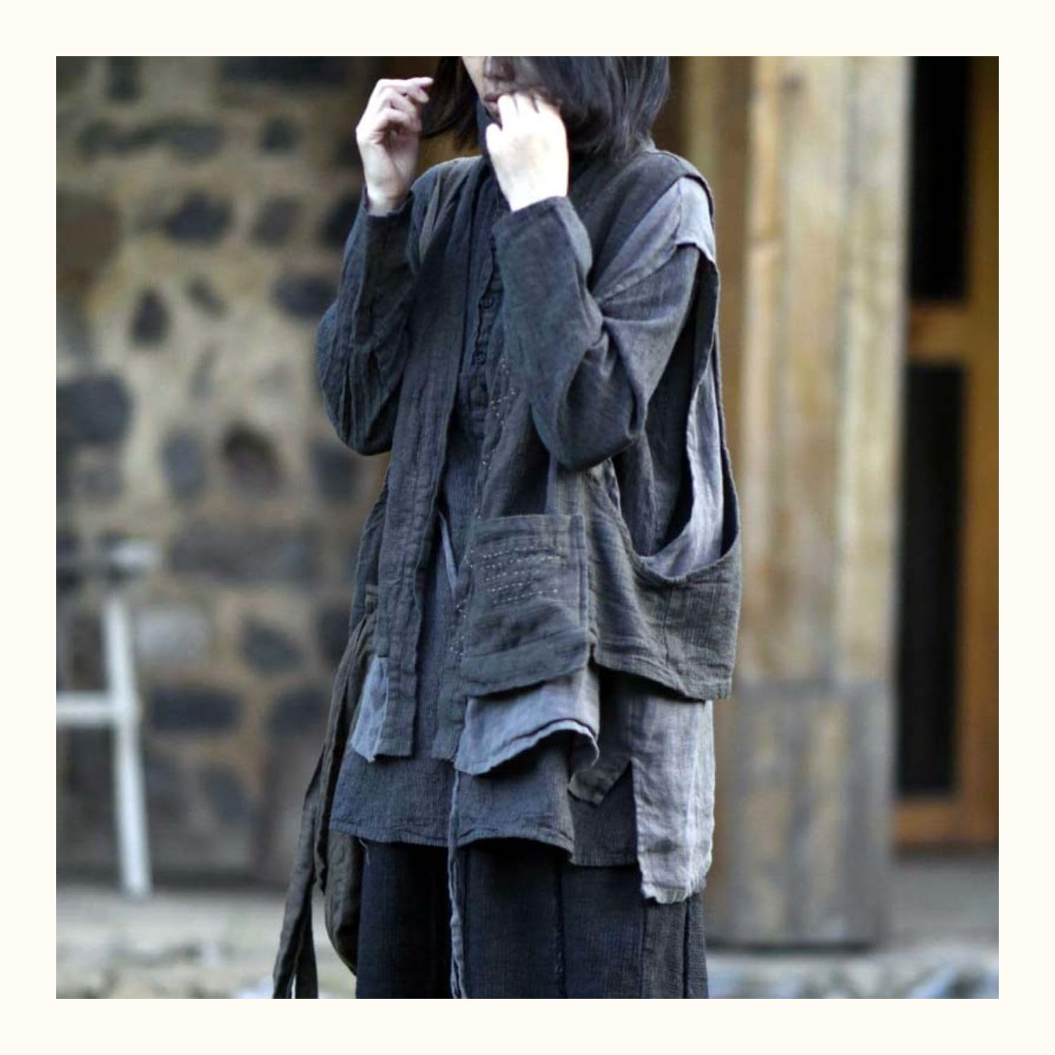 NFYM Gilet in lino senza maniche aperto davanti Kimono Cardigan Hippie Gilet vintage con tasche