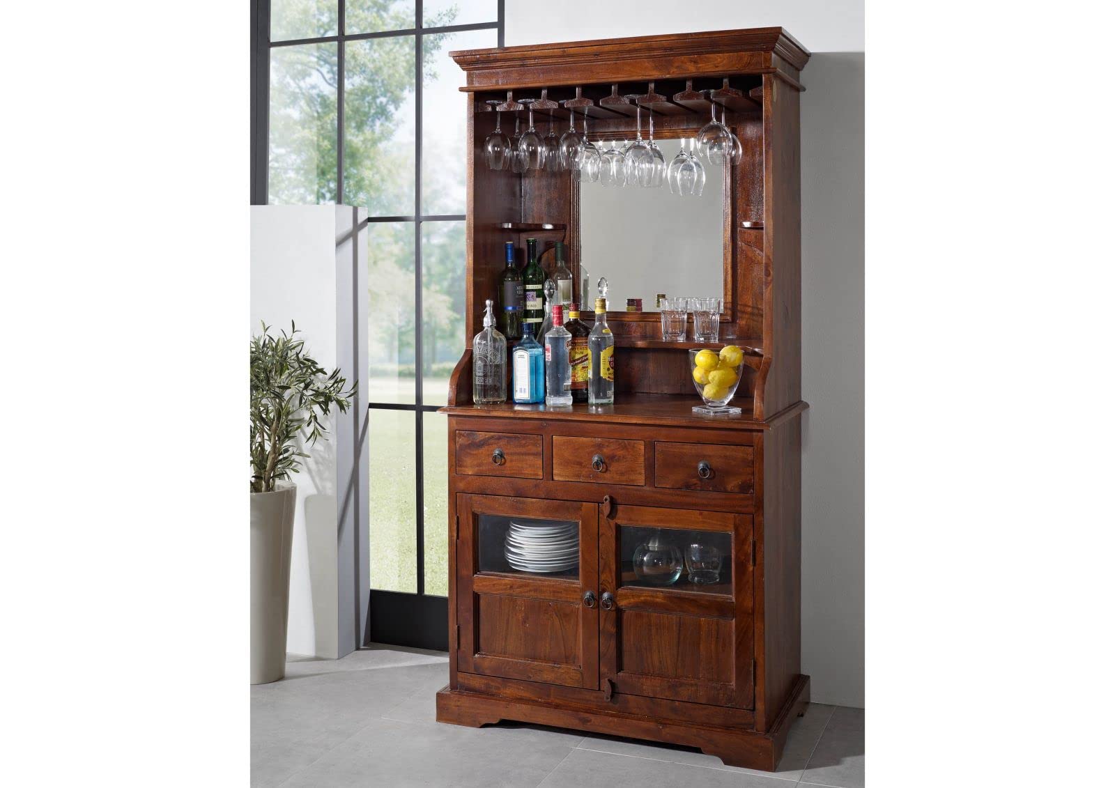 MASSIVMOEBEL24.DE OXFORD #443 Mobile Bar in legno di acacia - laccato/nougat 97x52x193