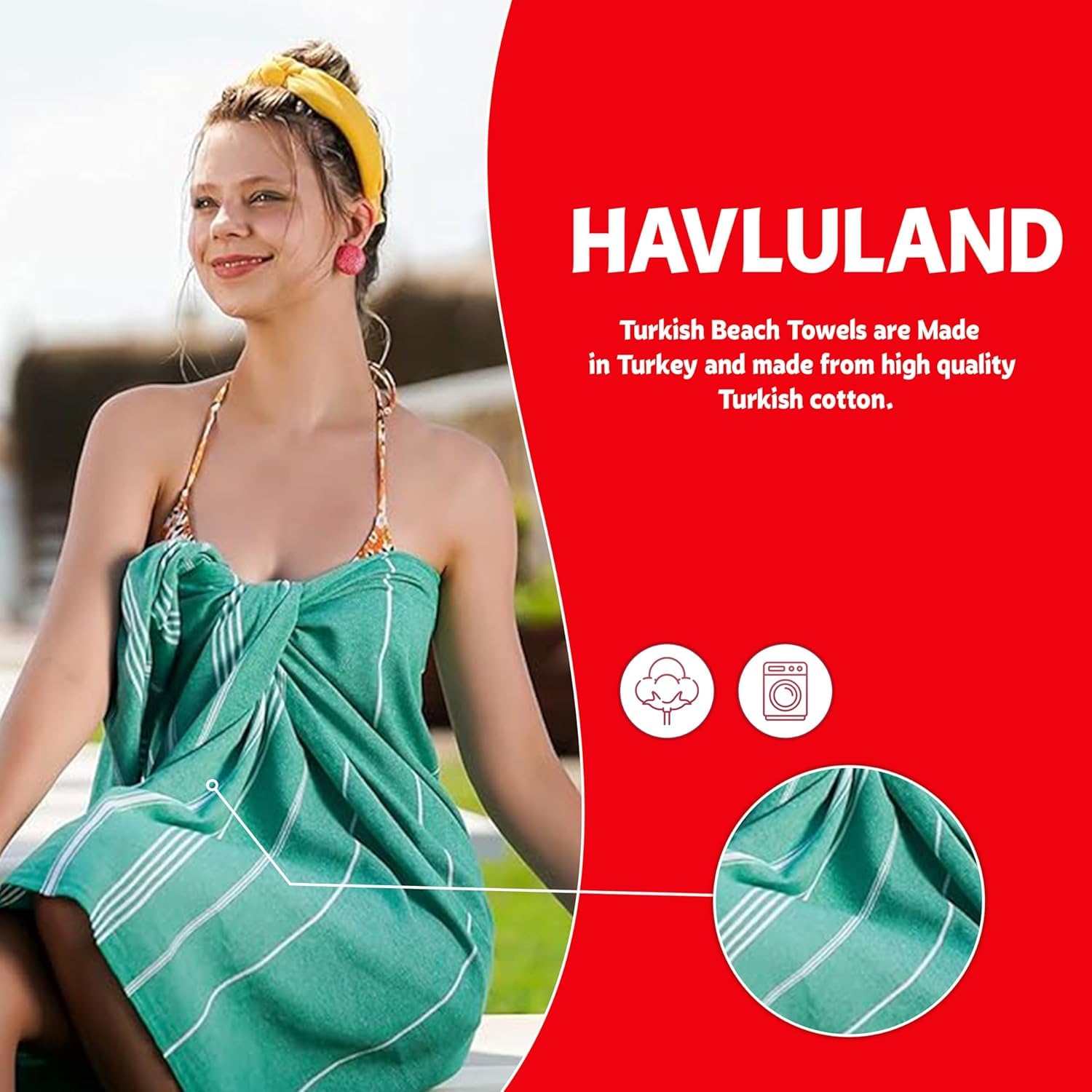HAVLULAND Turkish Beach Towels - Toallas de playa de gran tamaño, 100 % algodón turco, súper suaves, ligeras, absorbentes y de secado rápido, toalla de playa sin arena, toallas turcas para adultos