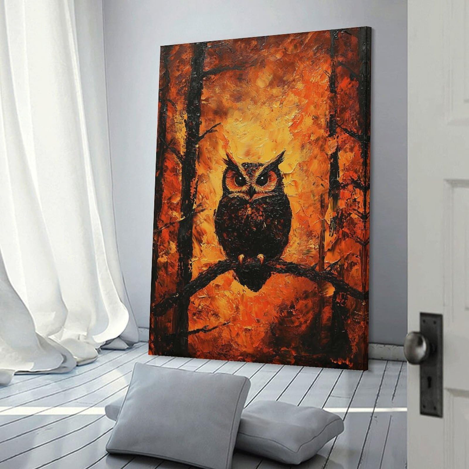Junmoney Wall Decor Canvas Print Fiery Owl in Forest, 24x36inch(60x90cm), for Sofa Walls, Lounge Or Home Corners, Modern Wall Decor for Cosy Interiors
