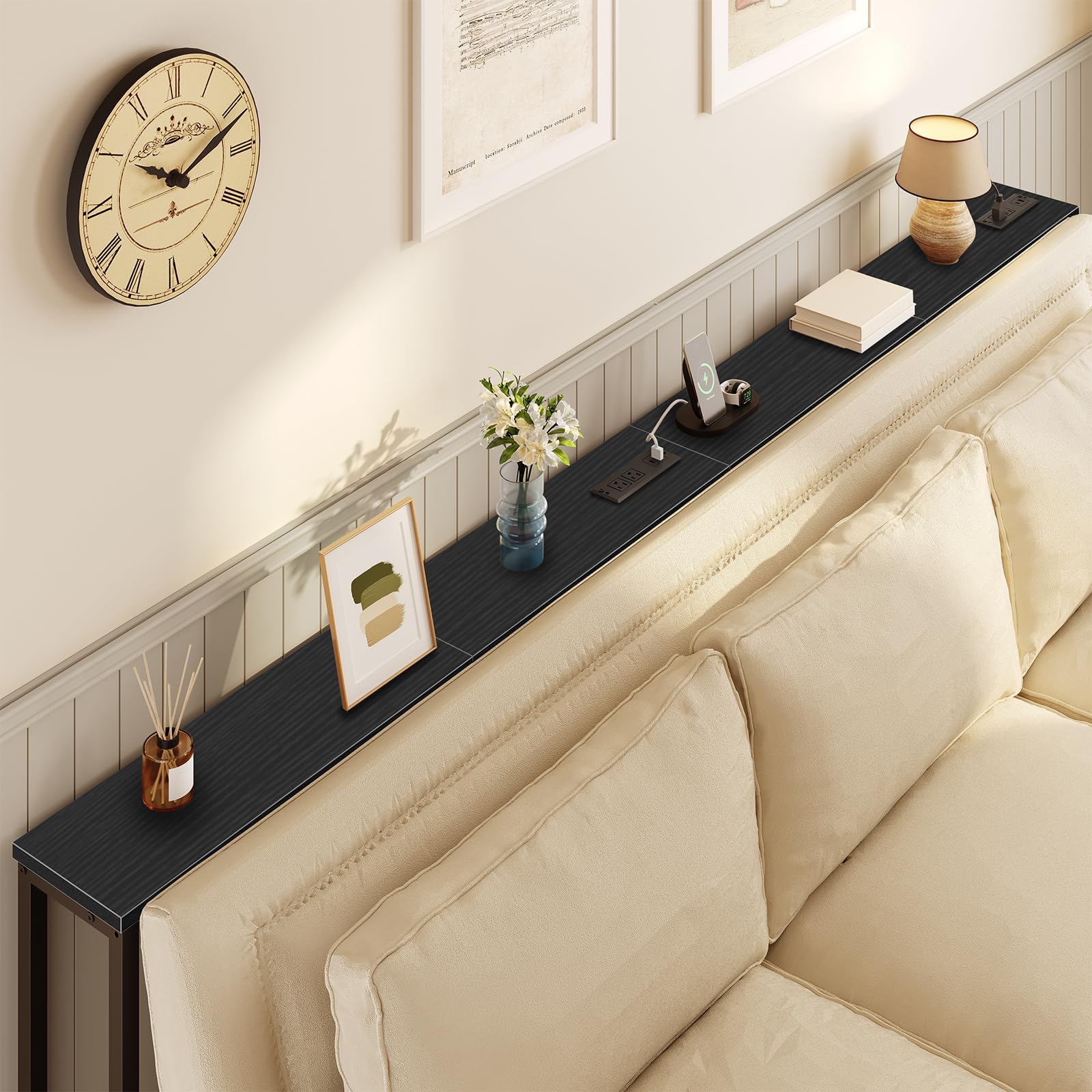 Condition photo showing New/Like New for hoobro 47.2" narrow console table with power outlet, 5.9" behind couch table with charging station, long sofa side table, skinny entryway table for living room, hallway, foyer, black bb15xg01g1