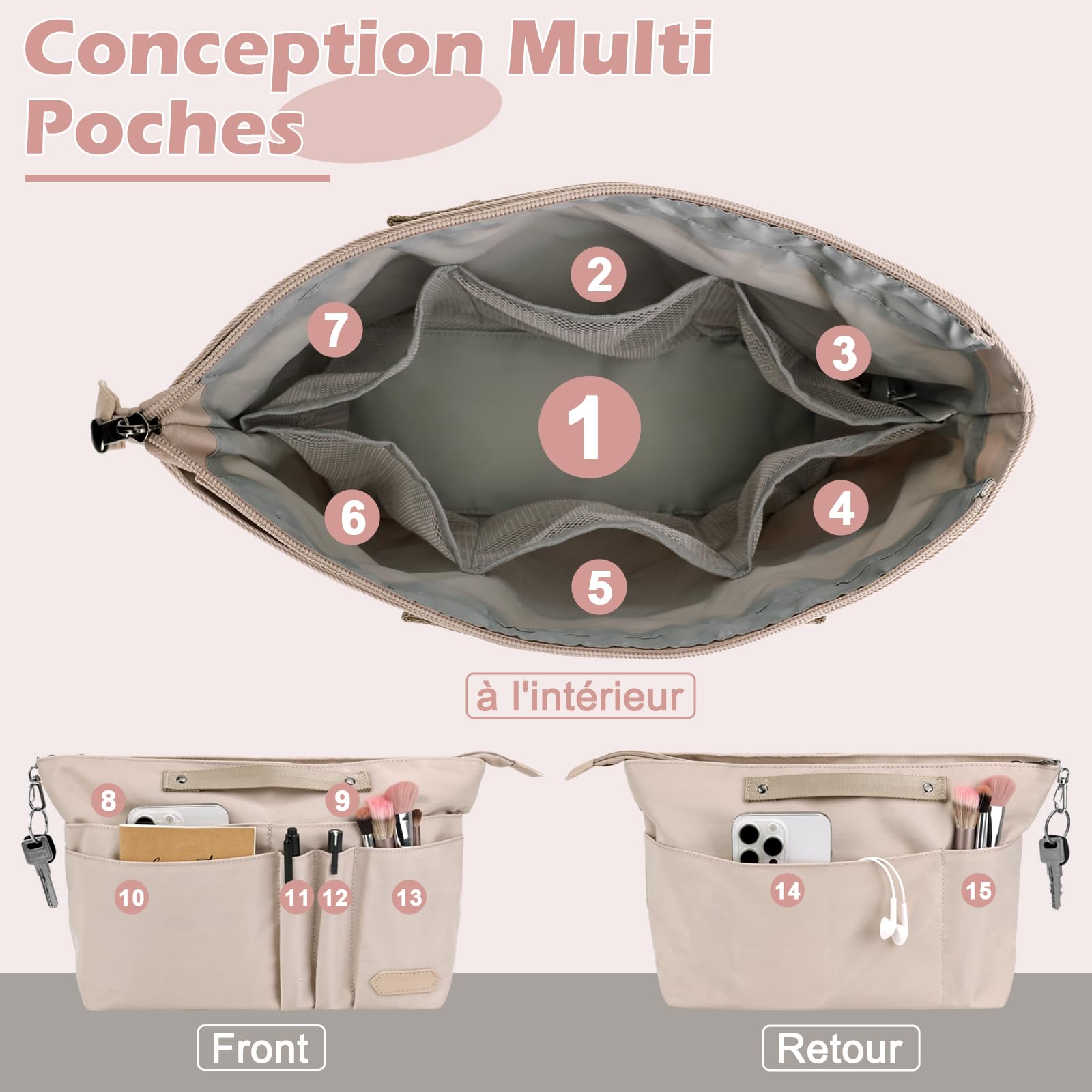 GADITIEK Organisateur Sac à Main Polyester avec Fermeture Multi Poches pour Longchamp Sac Pliage Femmes Beige L
