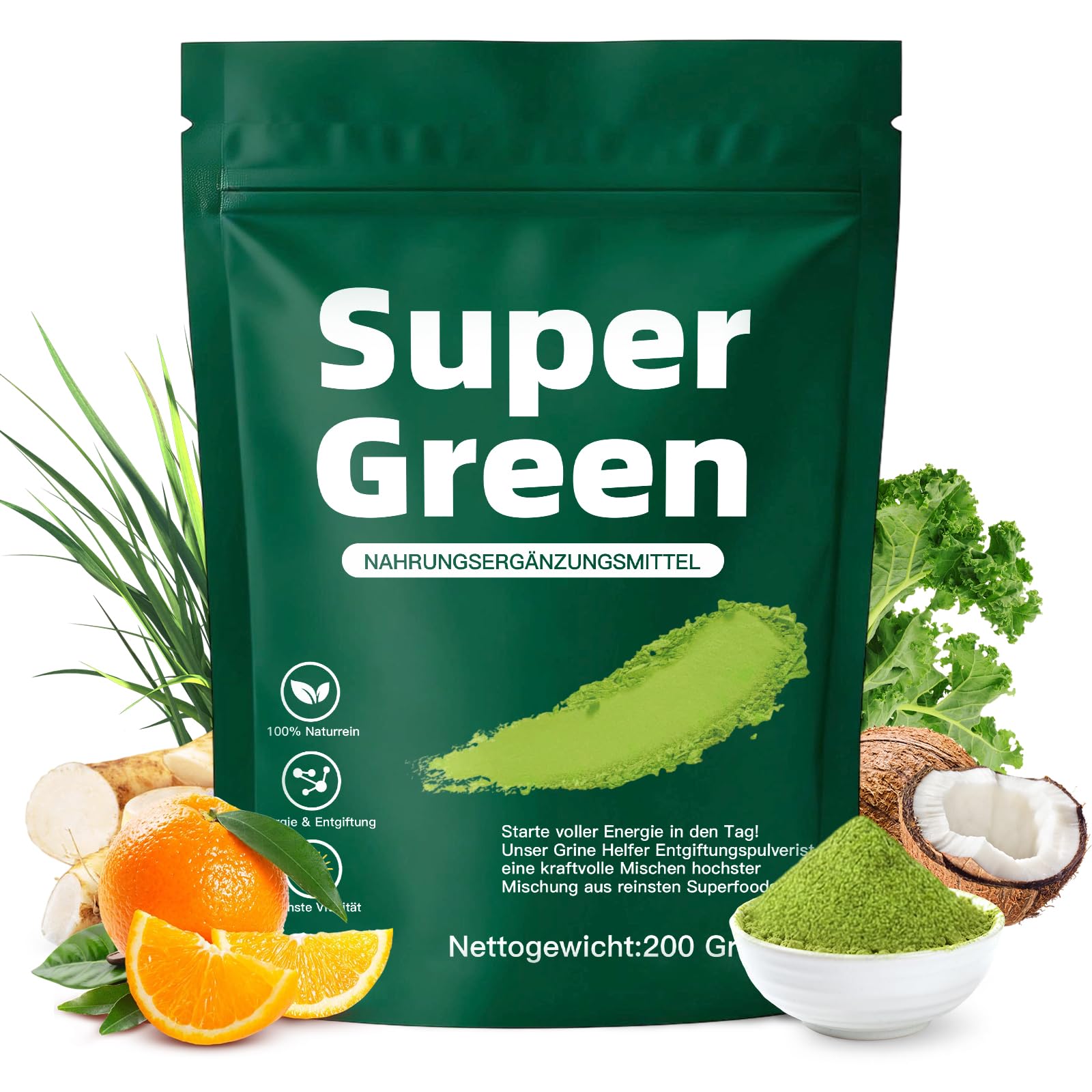Grüne Entgiftungspulver, 200g Superfood Entgiftungspulver Helfer, Greens Pulver Mit Spirulina, Gerstengras, Inulin, Kurkuma, Vitamin D3 | Reich an Vitaminen, Mineralien & Ballaststoffen für Energie