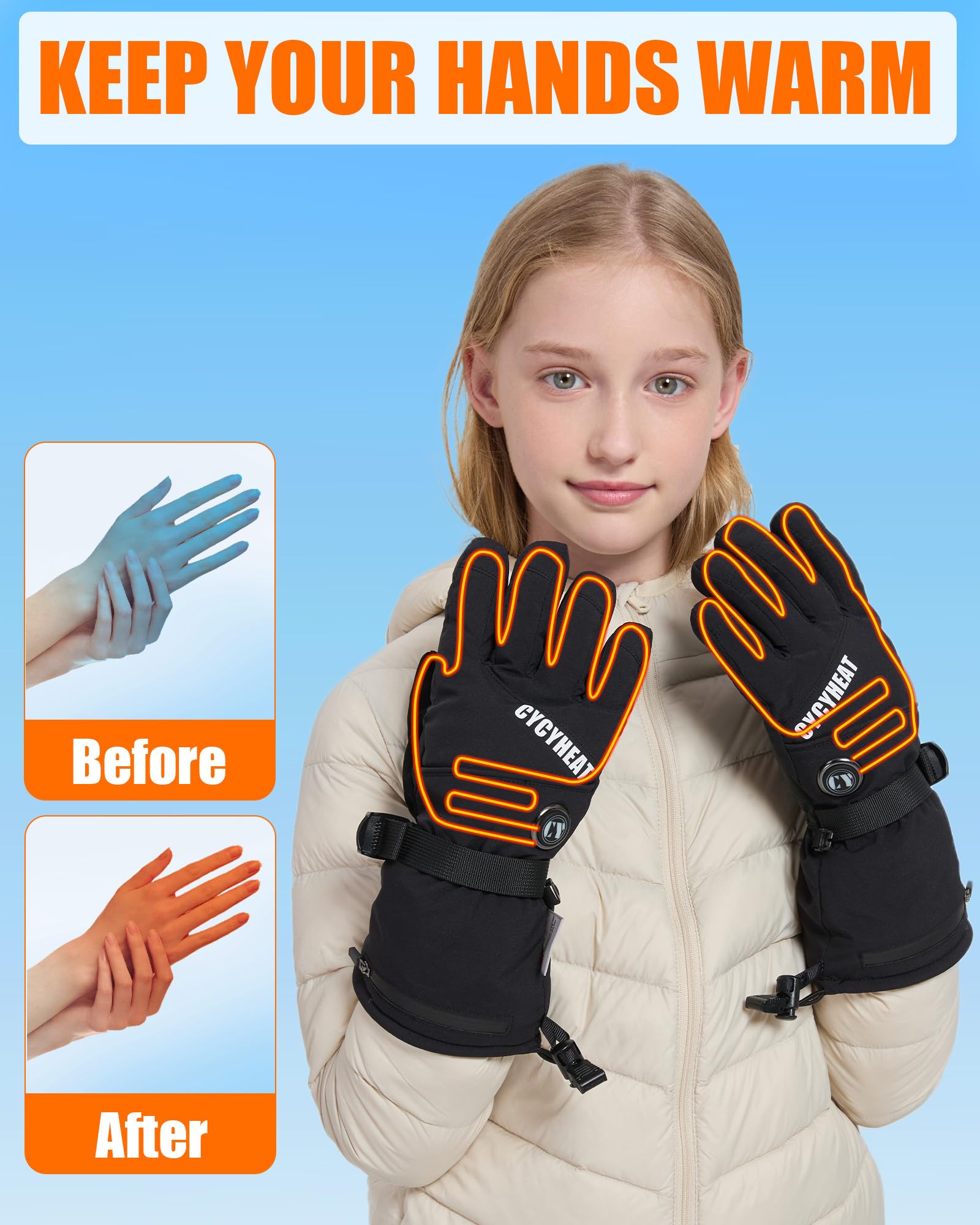 CYCYHEAT Kids Heated Gloves - Boys and Girls Waterproof Ski Heating Gloves with 2pcs DC Battery, 3 Heating Levels，Motorcycle Cycling